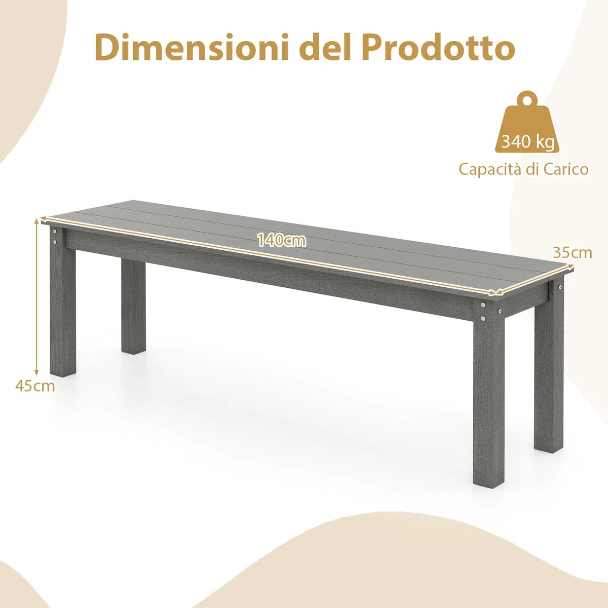 COSTWAY Panchina da Esterno in HDPE 140 x 35 x 45 cm, Panca da Giardino Senza Schienale per 2-3 Persone, Panchina dello Spogliatoio per Patio e Cortile, Portata 340 kg (Grigio)