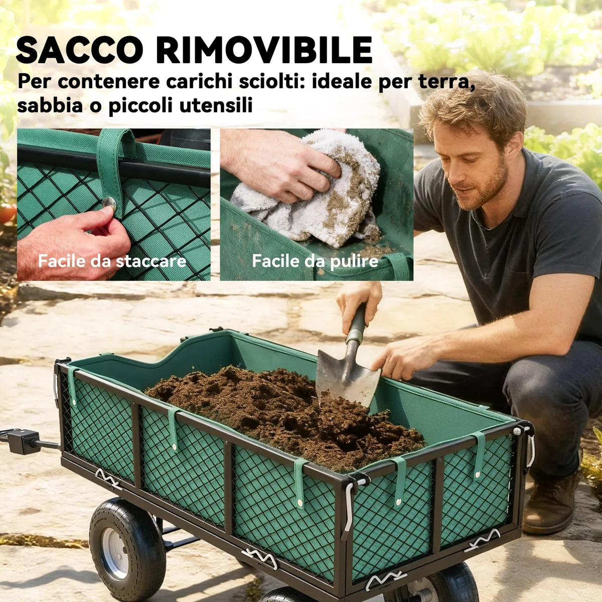 Outsunny Carrello da Giardino da 114L con 4 Ruote Grandi Capacità 200 kg, Carrello Spiaggia in Acciaio con Sacca Portaoggetti, Pareti Laterali Rimovibile e Maniglia Girevole, 105x51x54 cm, Verde