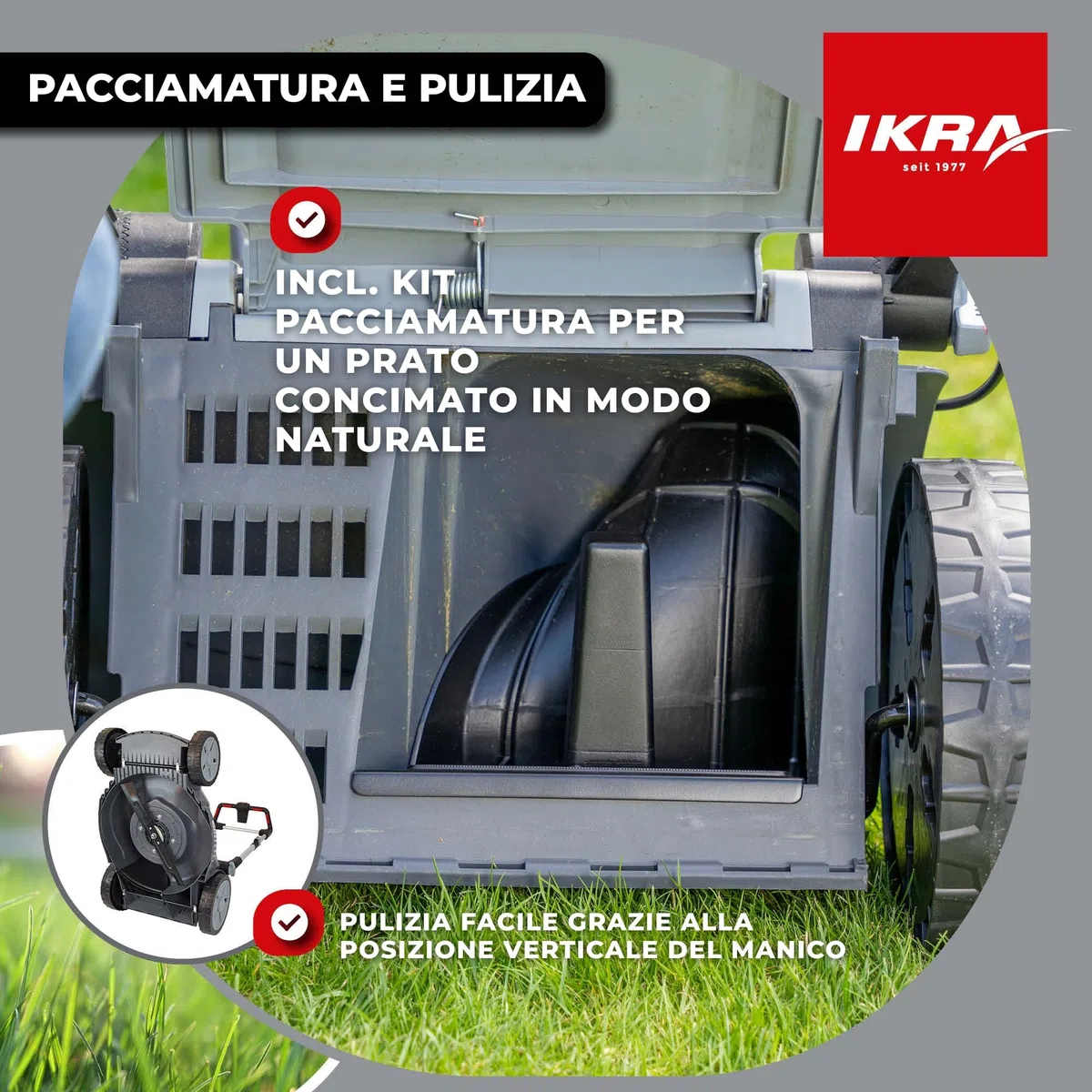 IKRA 36V tosaerba a batteria mulching 3in1 IB-LM 38, prati fino a 400 m², larghezza di taglio 38 cm, altezza di taglio 30-75 mm, compatibile con Bosch