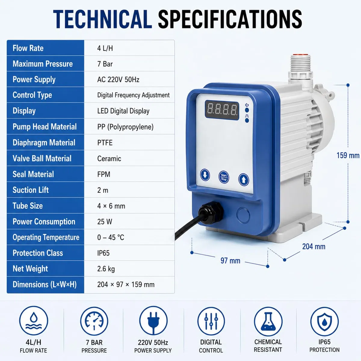 Pompa dosatrice elettronica per cloro acido regolabile 4L/H 7bar per piscina
