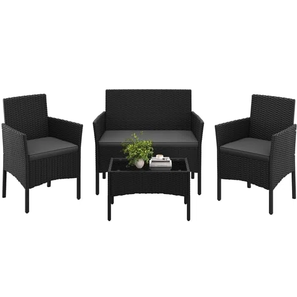 Yaheetech Set da Giardino in Rattan, 4 Posti, con divano a 2 posti, 2 sedie, tavolo e cuscini per seduta resistente alle intemperie, Salotto da Siardino Esterno, per Terrazza Balcone Patio