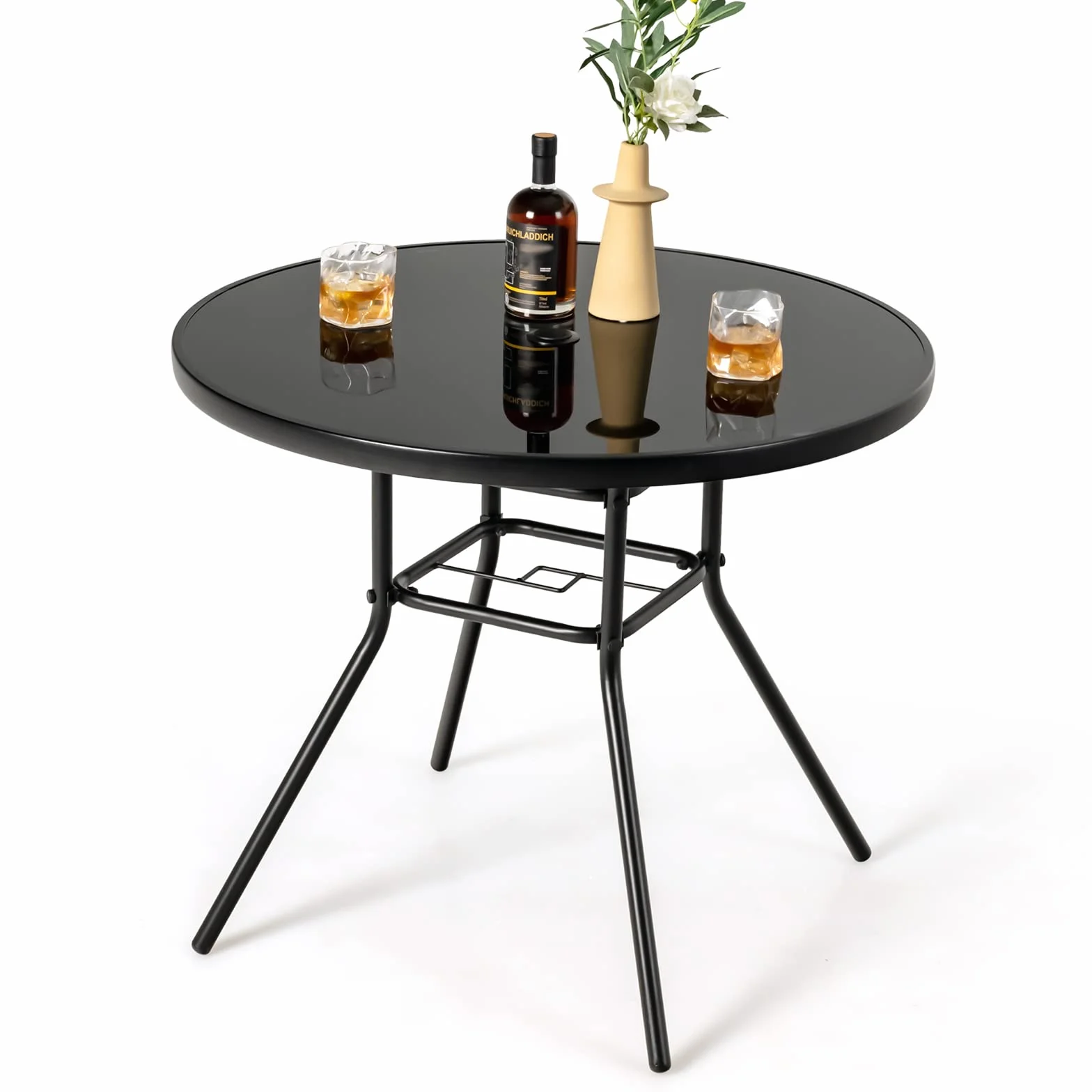 COSTWAY Tavolo Rotondo da Giardino con Buco per Ombrellone, Tavolo da Esterno in Vetro Temperato Struttura in Metallo, Tavolino per Balcone, Terrazza, Sala Pranzo e Soggiorno, 86 x 86 x 71 cm, Nero