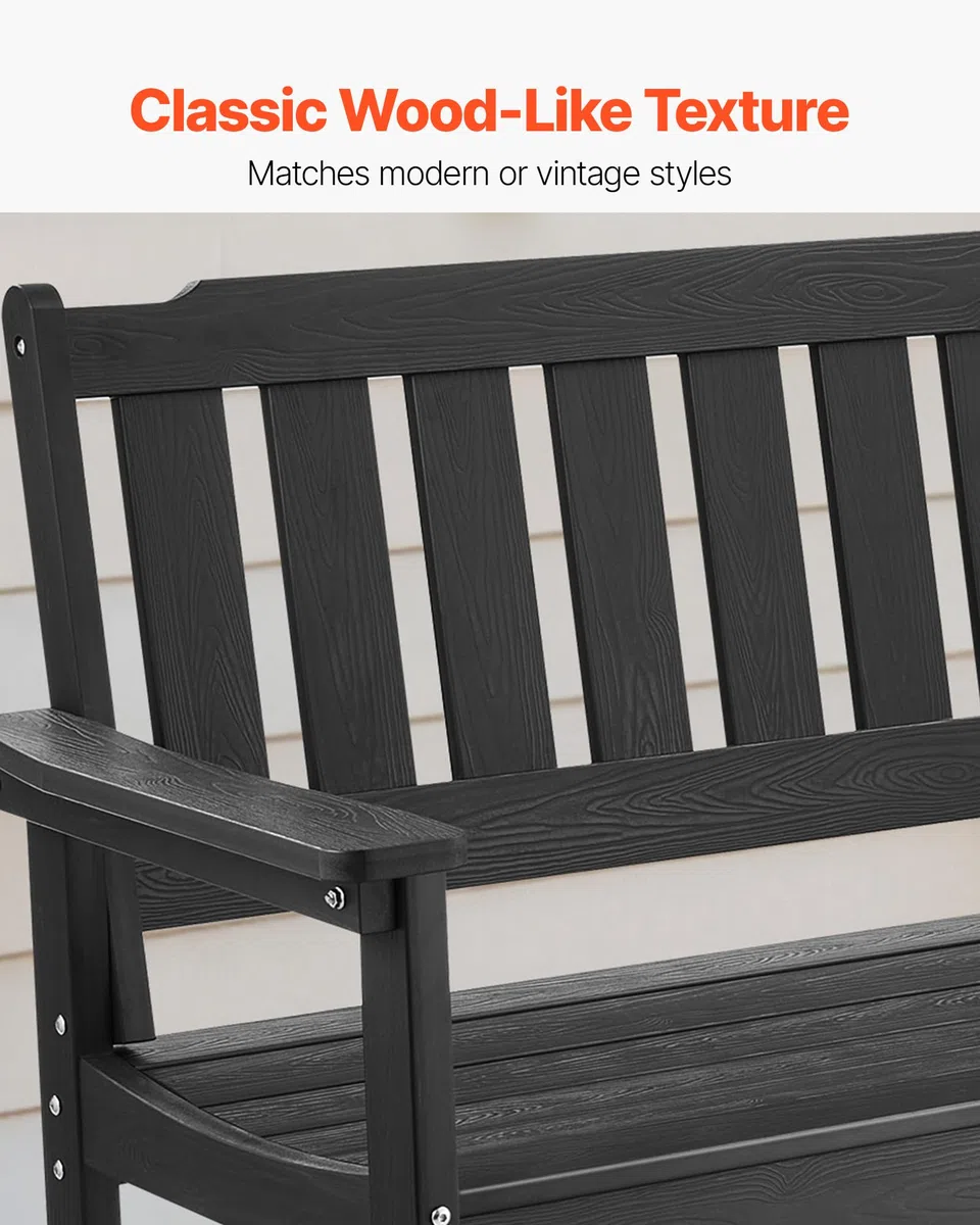 VEVOR Panca da Giardino, Panca da Esterno in Plastica Lunghezza 128 cm Capacità di Carico da 363 kg, Sedia per Esterno con Schienale Braccioli per Cortile, Parco, Giardino, Nero