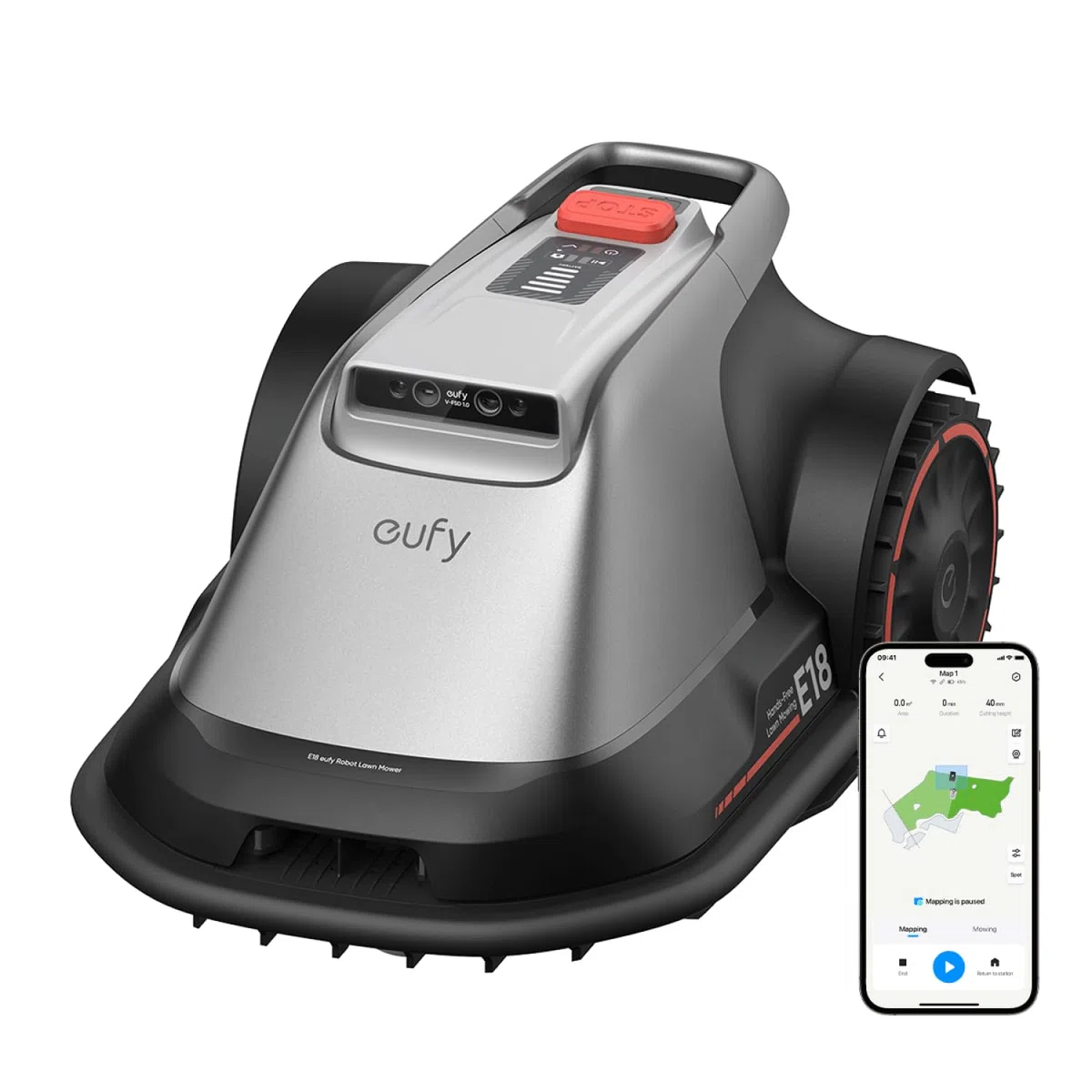 eufy Robot tosaerba E18, Senza cavo limitatore, Nessuna interruzione del segnale,Senza RTK, TrueVision, Sistema GNSS, Giardino fino a 1200 m², Taglio Preciso Bordi, Evita Ostacoli, Controllo App