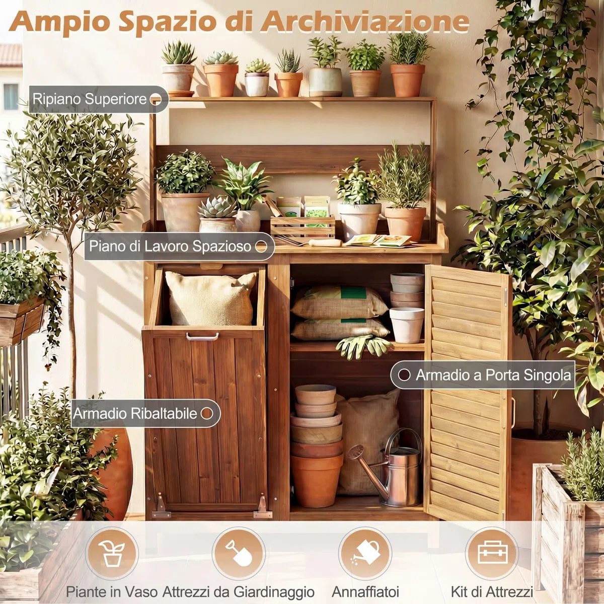 COSTWAY Tavolo da Giardinaggio, Armadietto da Esterno in Legno Massello con Ripostiglio, Ripiani Rimovibili e 2 Ante, Tavolo da Lavoro per Piante da Giardino, Prato e Cortile