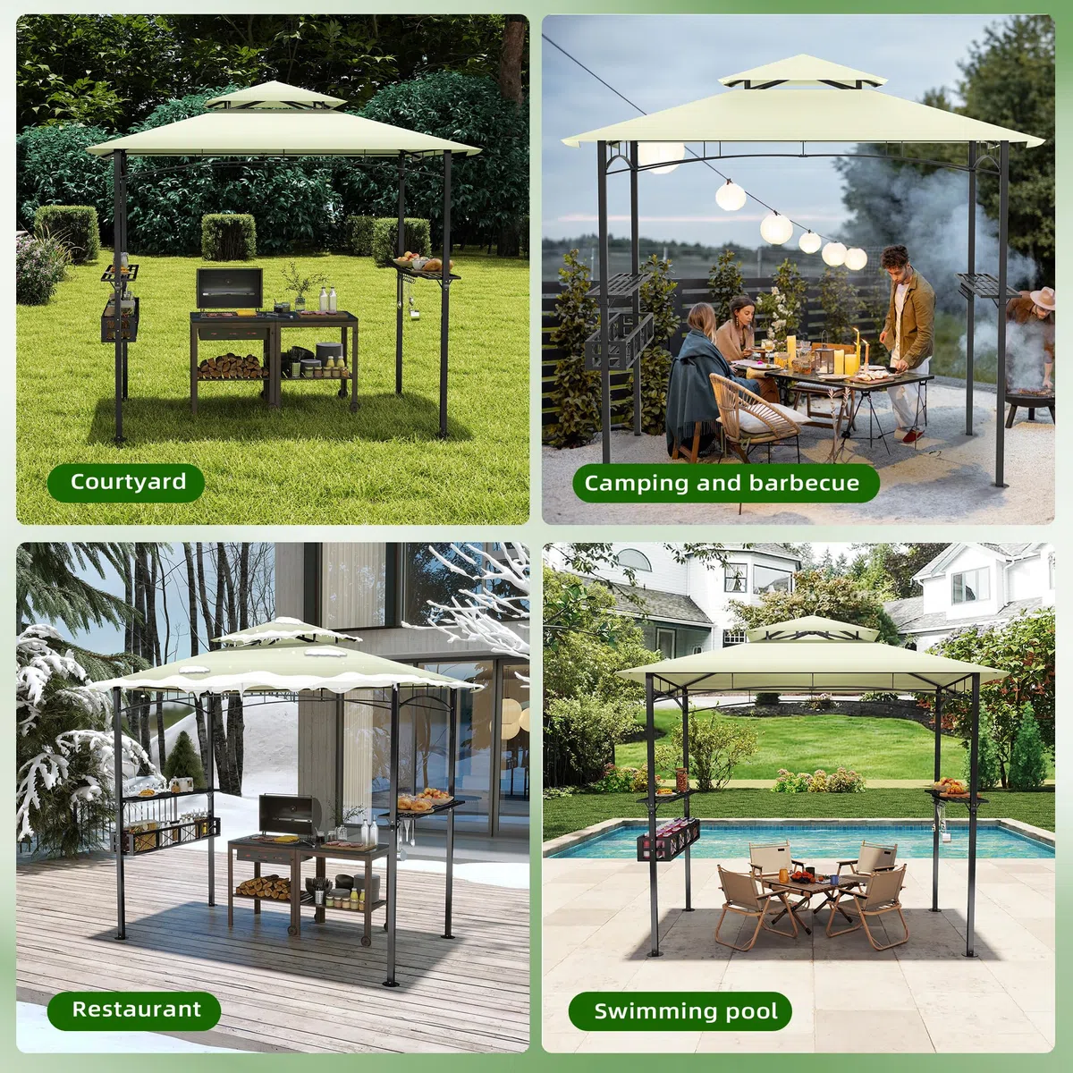 Gazebo da giardino con tetto a doppio strato, 245 x 153 x 250 cm, impermeabile, ignifugo, con base di spazio, tenda da giardino per feste, barbecue, beige