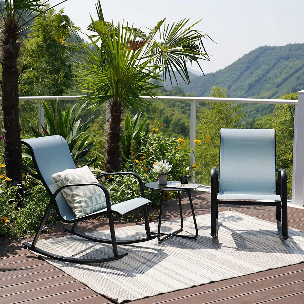 Grand patio Sedia a Dondolo Textilene, Poltrona a Dondolo Ultra Resistente, Poltrona Struttura in Metallo per Veranda, Giardino, Terrazza (Blu, 3PC)