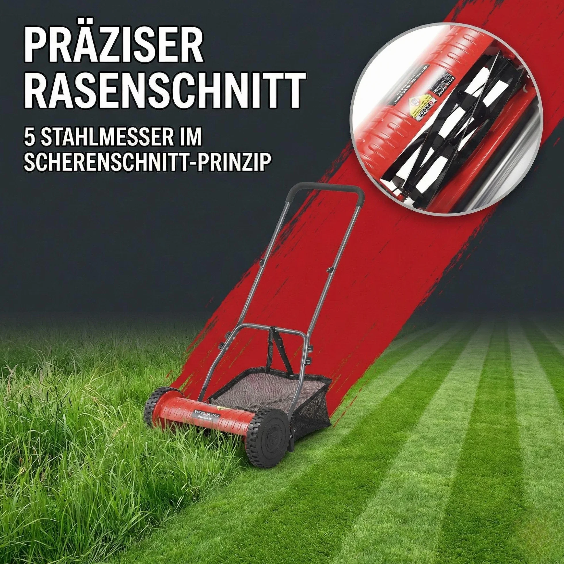 STAHLMANN RoyalCut - Tosaerba 40 cm, cestello 32 litri, 4 livelli altezza taglio – tosaerba manuale – silenzioso ed ecologico