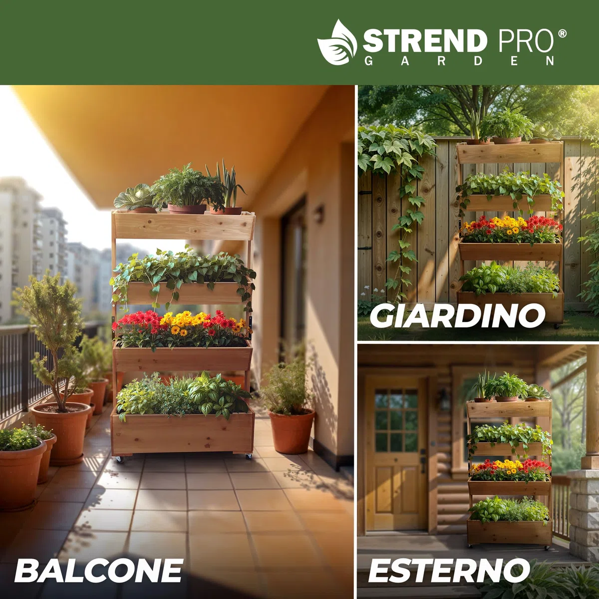 STREND PRO Balcone aiuola rialzata a 4 livelli LEGNO | 147x85x45 cm (AxLxP) | Aiuola verticale resistente alle intemperie Scala per piante da esterno | Aiuola per balcone per fiori, erbe aromatiche