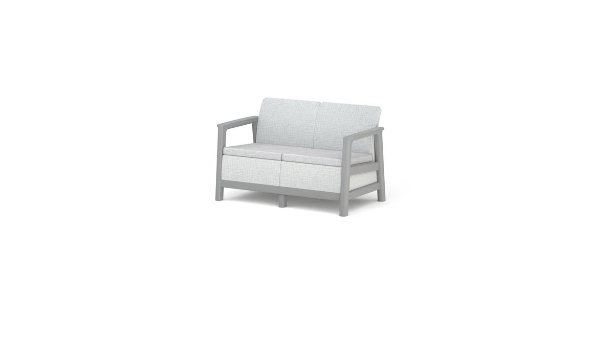 Keter Salottino da Giardino Scandi Linea, Finitura Effetto Iuta, Due Poltrone, Divano, Tavolino Contenitore, Cuscini Inclusi, Grigio