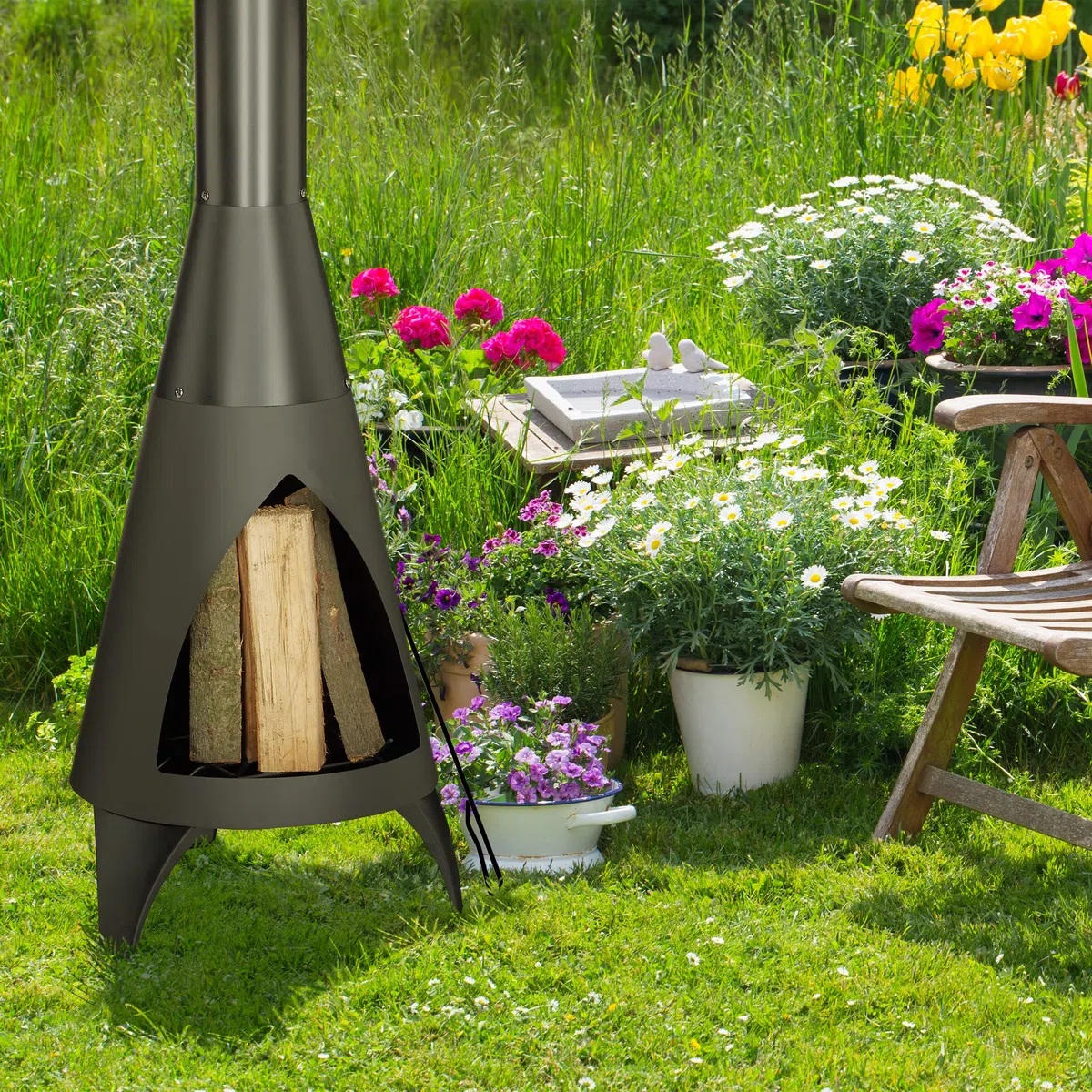 Relaxdays Stufa da Esterno, con Attizzatoio, Camino Atzeco da Giardino, Caminetto in Acciaio, HLP 120 x 48 x 50 cm, Nero