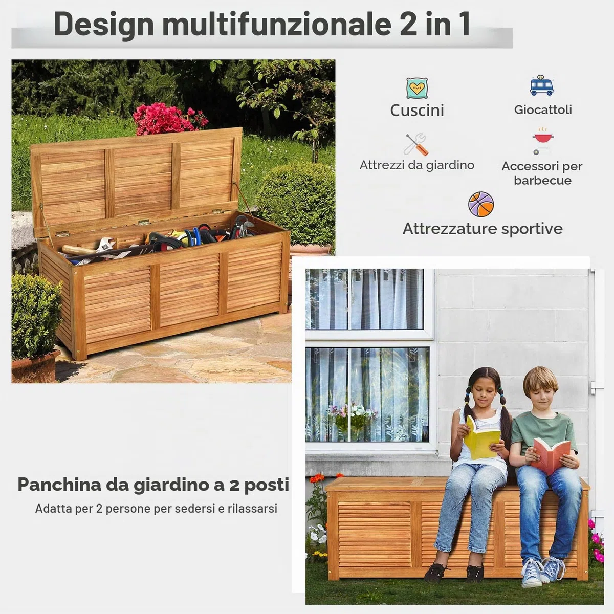 GIANTEX Armadio da Esterno in Legno, Cassapanca Contenitore Interno, Panca Baule Carico di 150 kg, Ideale per Giardino, Patio, Piscina, 120x45x45 cm, Naturale