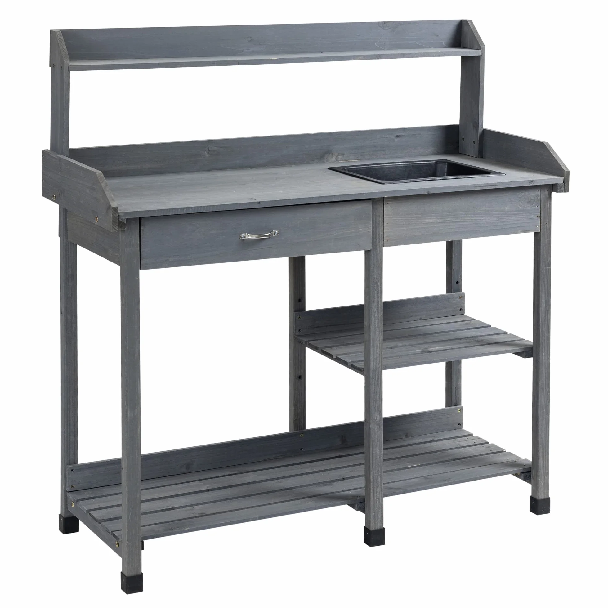 Outsunny Tavolo da giardinaggio multifunzionale con cassetto, 3 ripiani, lavello, 3 ganci - tavolo da giardinaggio in legno di abete preoliato grigio
