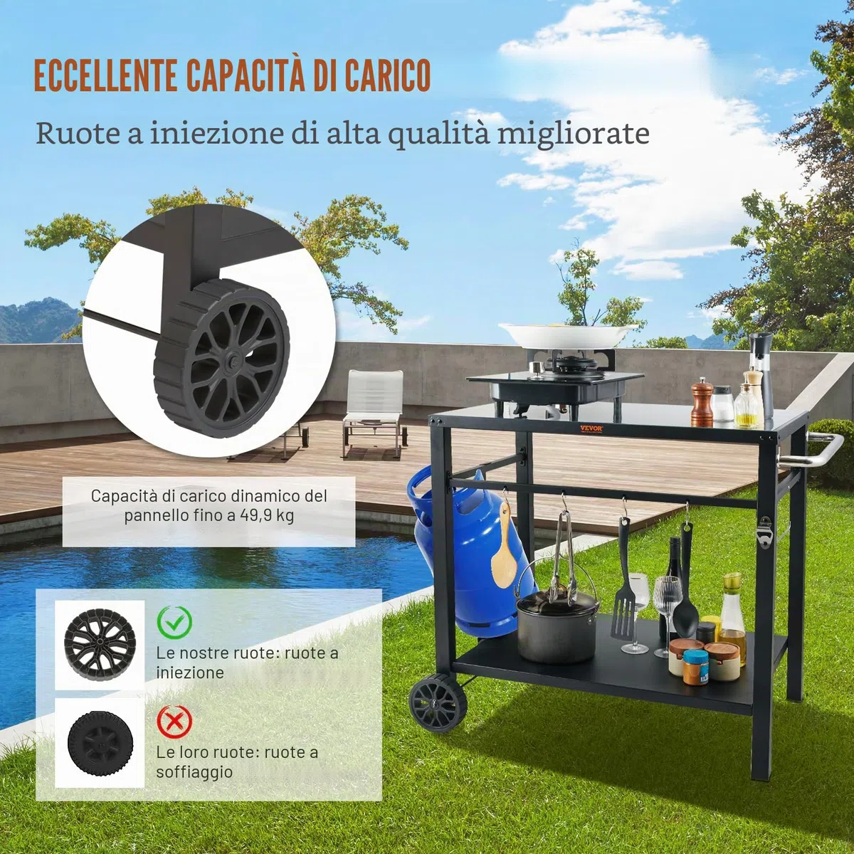 VEVOR Carrello da Pranzo per BBQ da Esterno con Doppio Ripiano, Tavolo Mobile Preparazione degli Alimenti per Barbecue, Piano Multifunzionale in Ferro Pieghevole, Carrelli da Esterno 1000x640x835mm