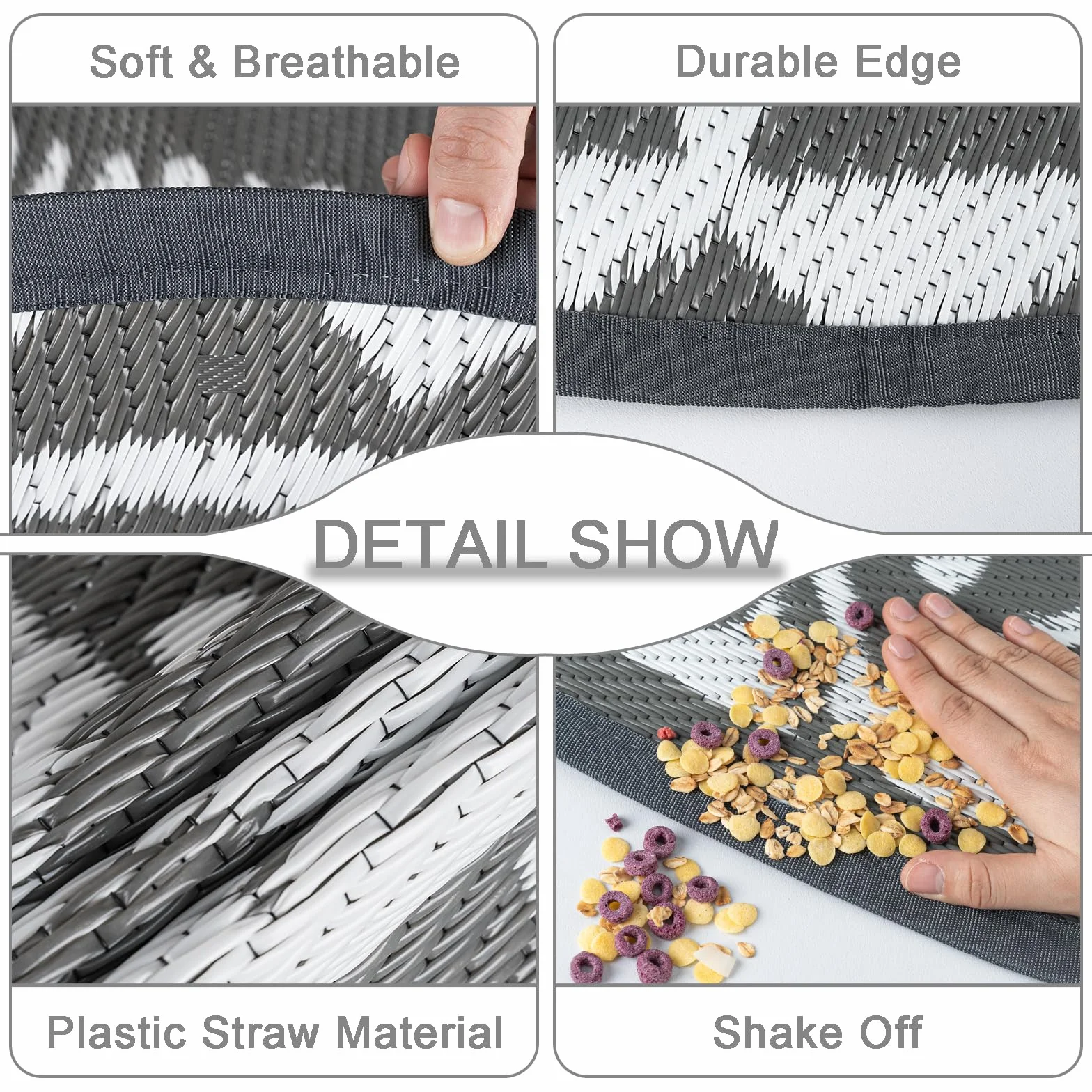 Capslpad Tappeto rotondo per esterni, diametro 150 cm, tappeto da balcone, in plastica, leggero, da picnic, per esterni, per balcone, picnic, campeggio, giardino, grigio