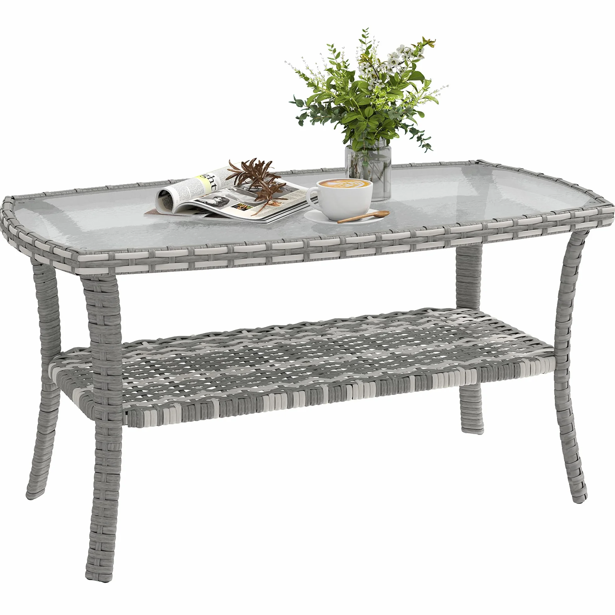 Outsunny Tavolo da giardino esterno in rattan con mensola, tavolino rettangolare da giardino, piano in vetro temperato con onde, struttura in acciaio, per terrazza, patio, 90 x 50 x 45 cm, grigio