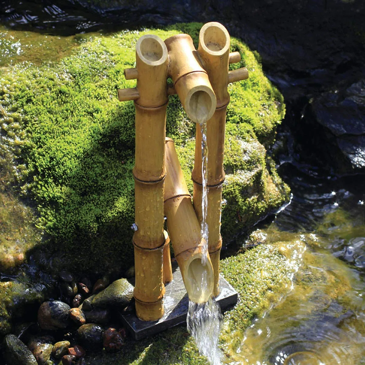 Aquascape 78306 Fontana di bambù ispirata a Shishi-Odoshi, in poliresina, motivo: cervi, colore: giallo