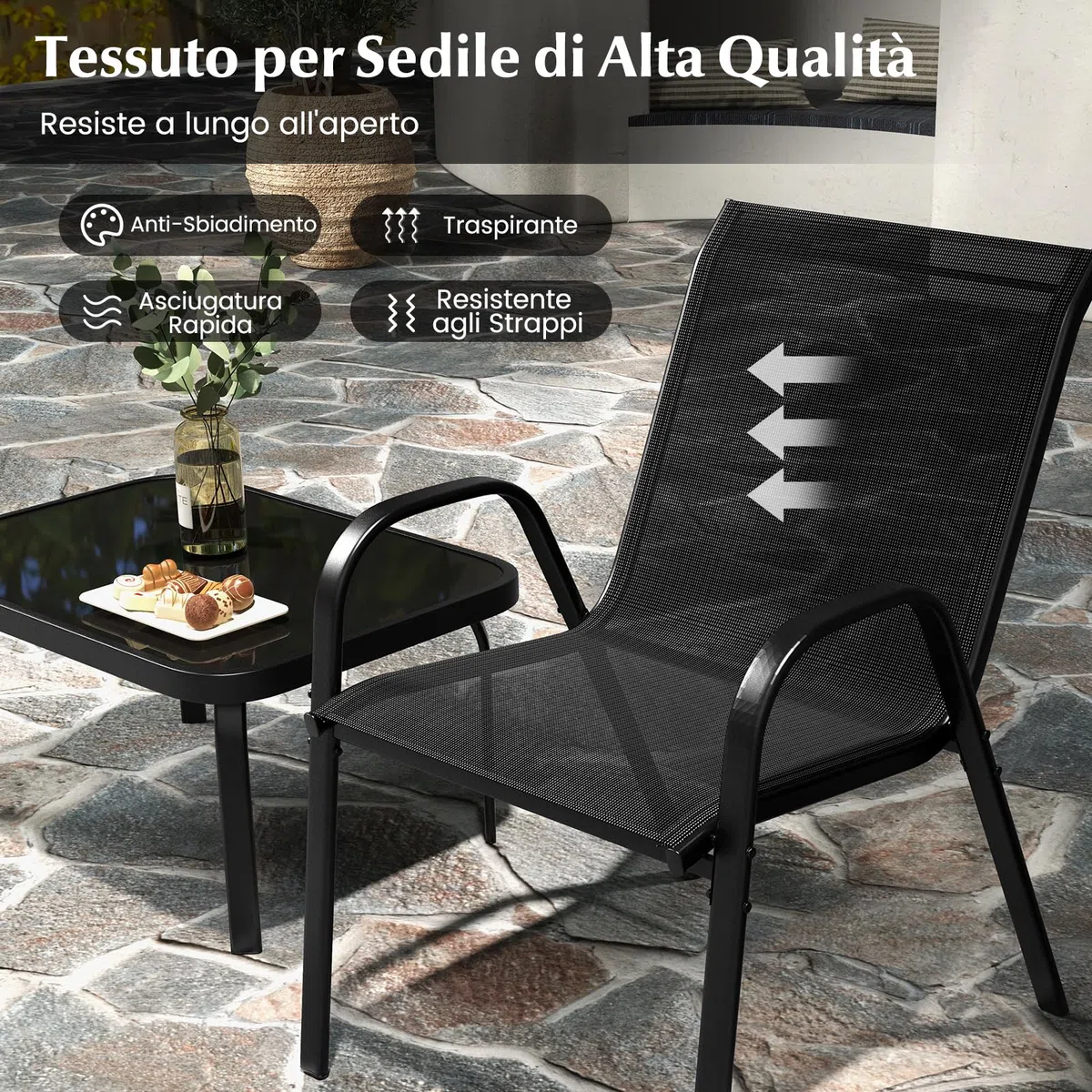 COSTWAY Set Tavolo e Poltrona da Giardino, Set di Mobili 4 Pezzi per Esterno, con Tavolino in Vetro Temperato, Panca e 2 Poltrone, per Giardino Balcone Piscina (Nero)