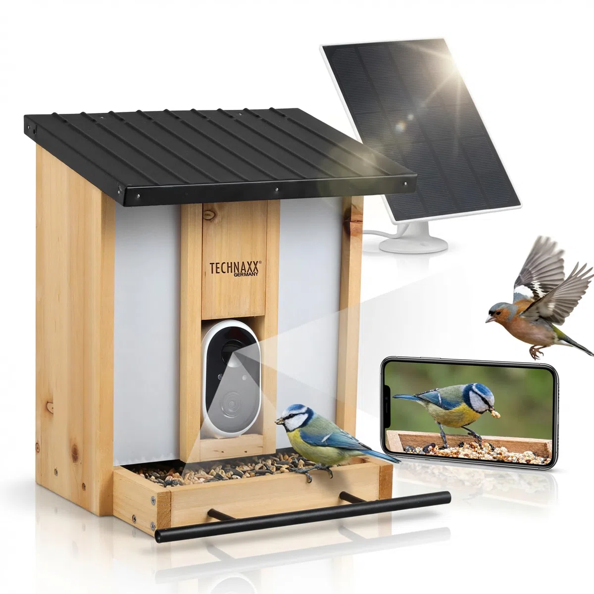 Technaxx Mangiatoia per Uccelli con Telecamera WiFi TX-384 – Telecamera HD 3MP Solare, Visione Notturna, Rilevamento Movimento, App Mobile, Mangiatoia in Legno, MicroSD