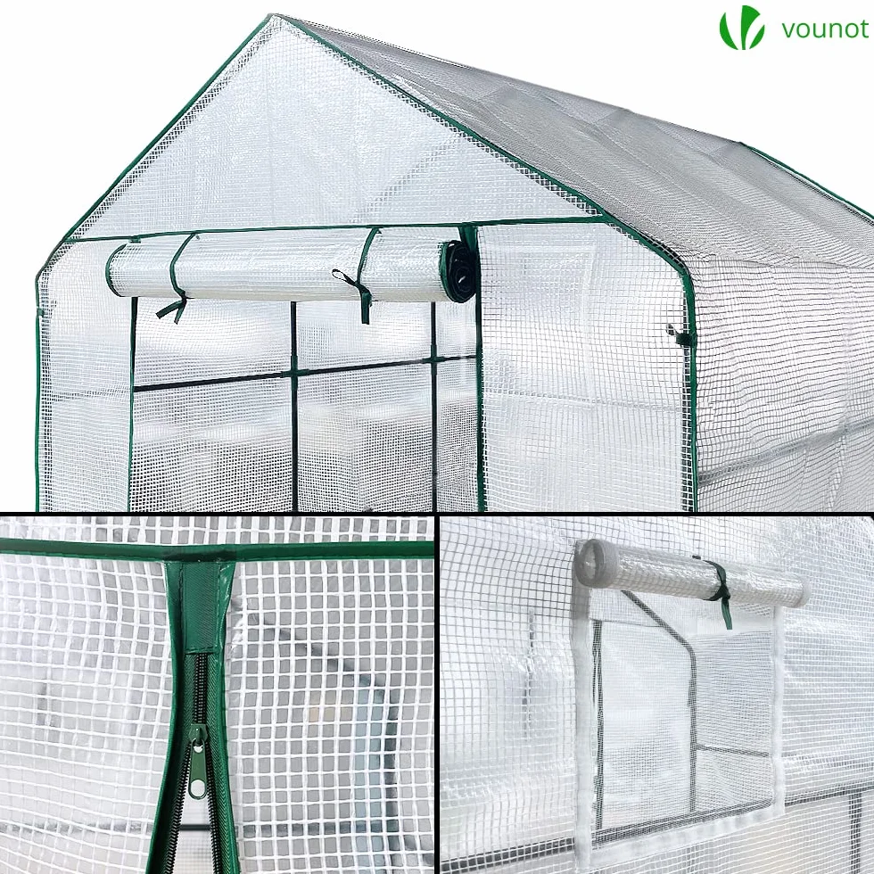 VOUNOT Serra da Giardino 143x215x195 cm con Porta Avvolgibile e Finestra di Osservazione, Mini Serra Orto Vivaio per Piante 12 Ripiani per Fiori Verdure Crescita, Bianco
