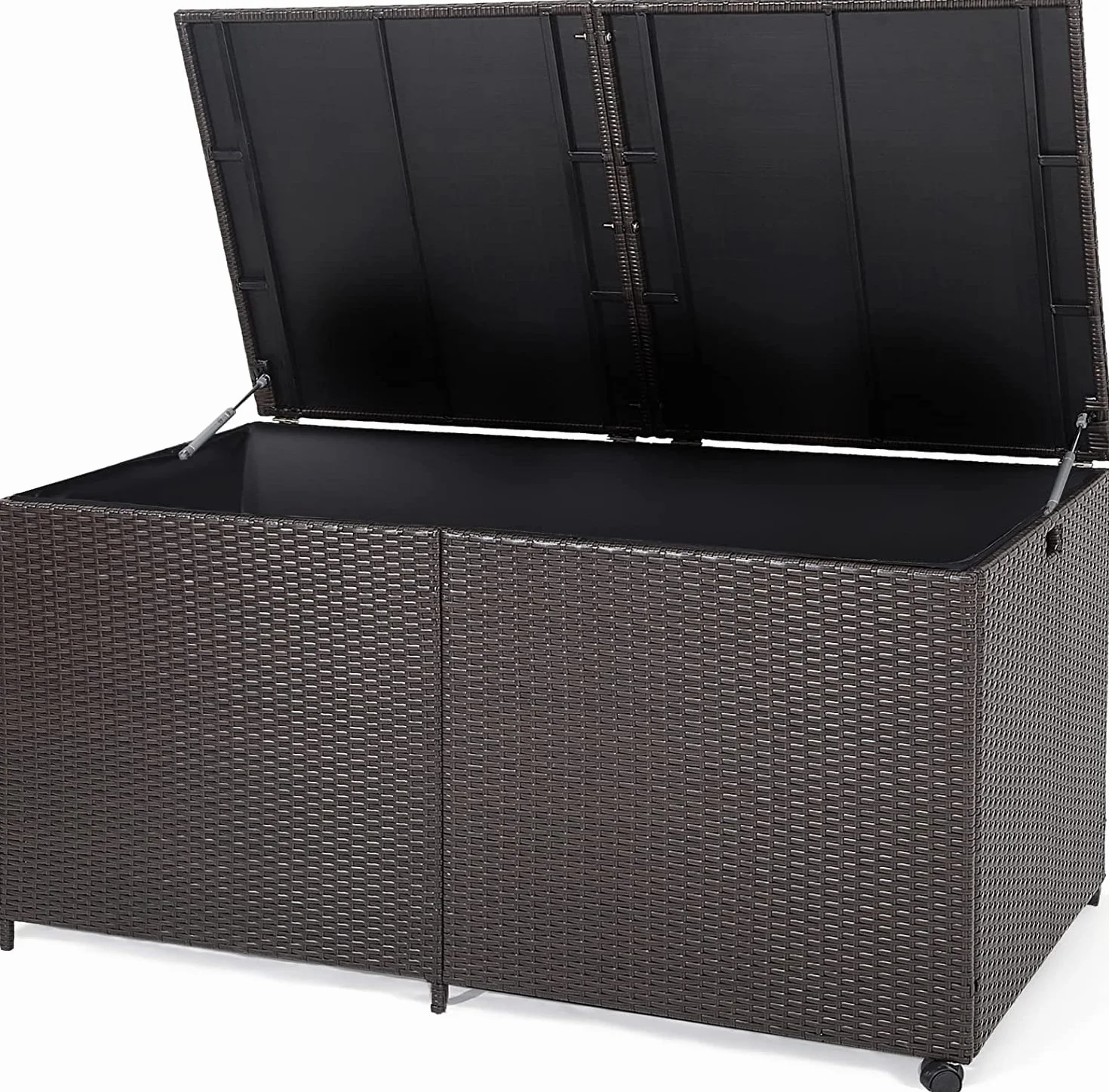 GIANTEX Contenitore per cuscini in rattan, 662 litri, con coperchio, con 2 ruote e manici, resistente alle intemperie, con tasca interna, con molla a gas, 150 x 77 x 72 cm