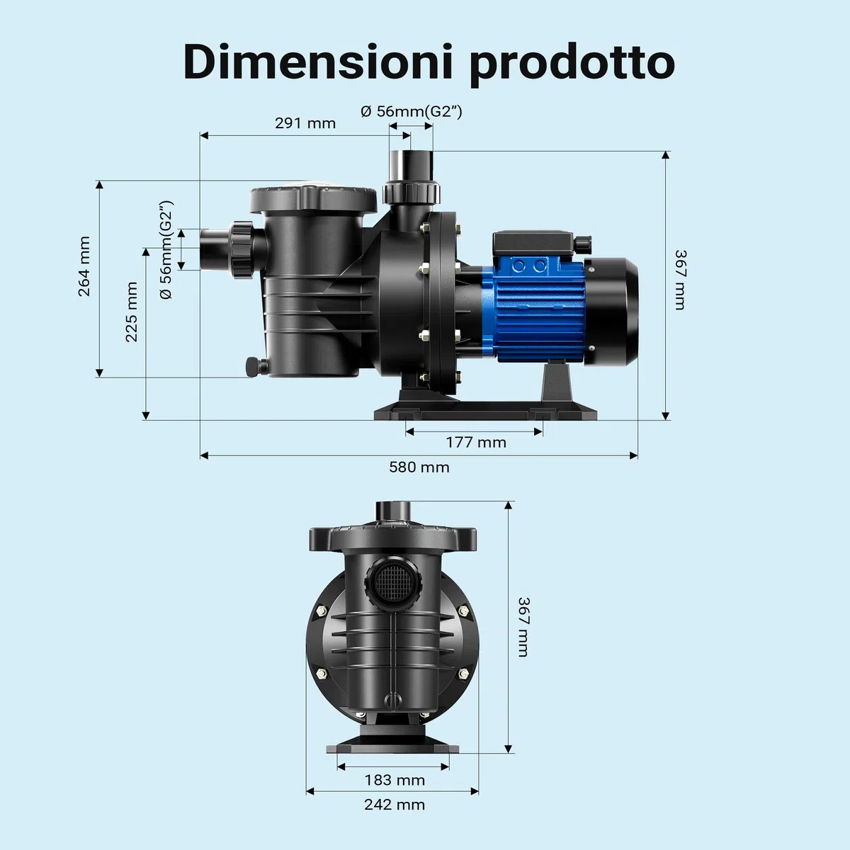 Wiltec Pompa per piscina da 18.600 l/h e 750 W per piscine da 74-110 m³, sistema di pompaggio con prevalenza di 13 m, pompa di ricircolo per piscine