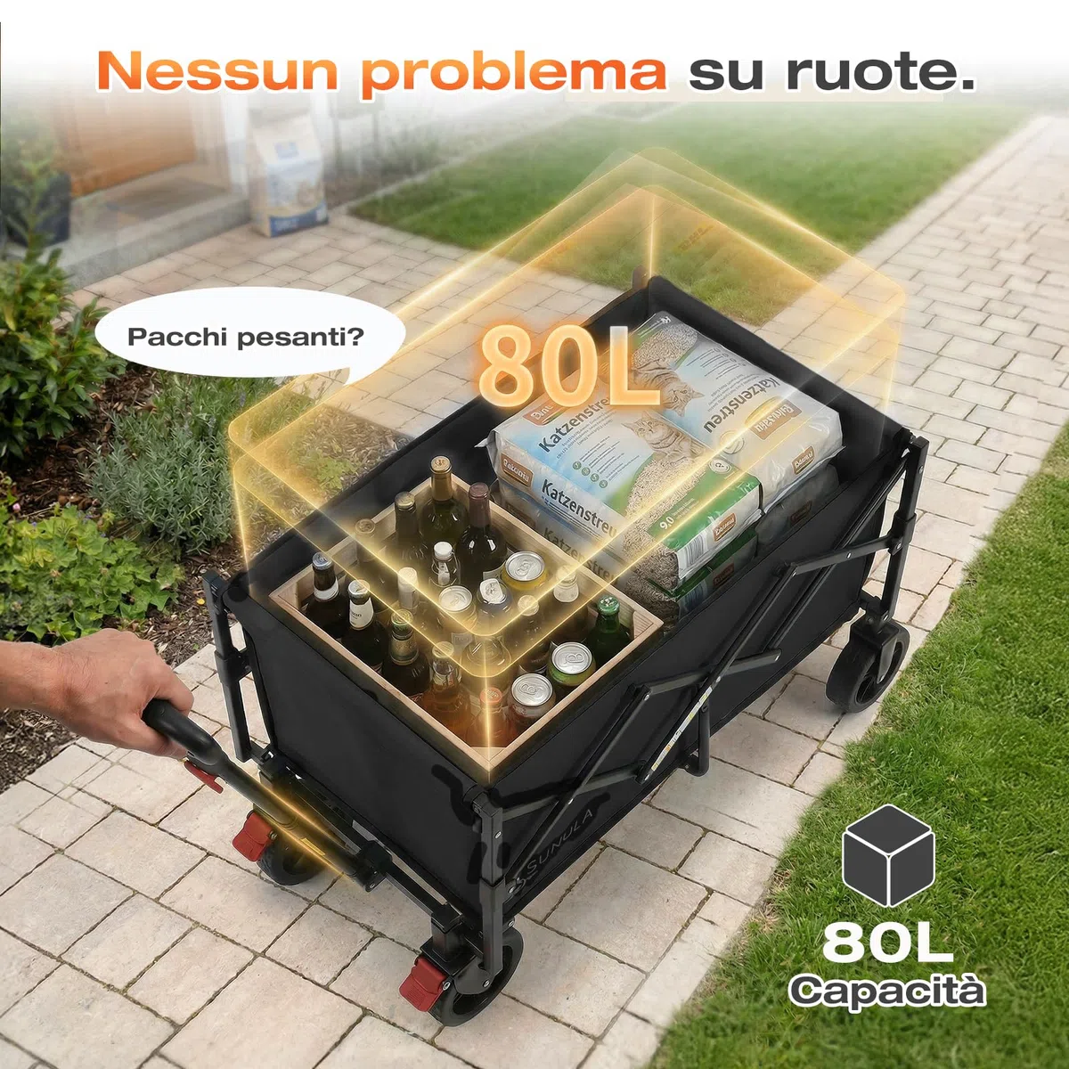SUNULA Carrello pieghevole piccolo 80L 100KG, carrello pieghevole con peso ridotto, carrello fuoristrada con freni, Nero