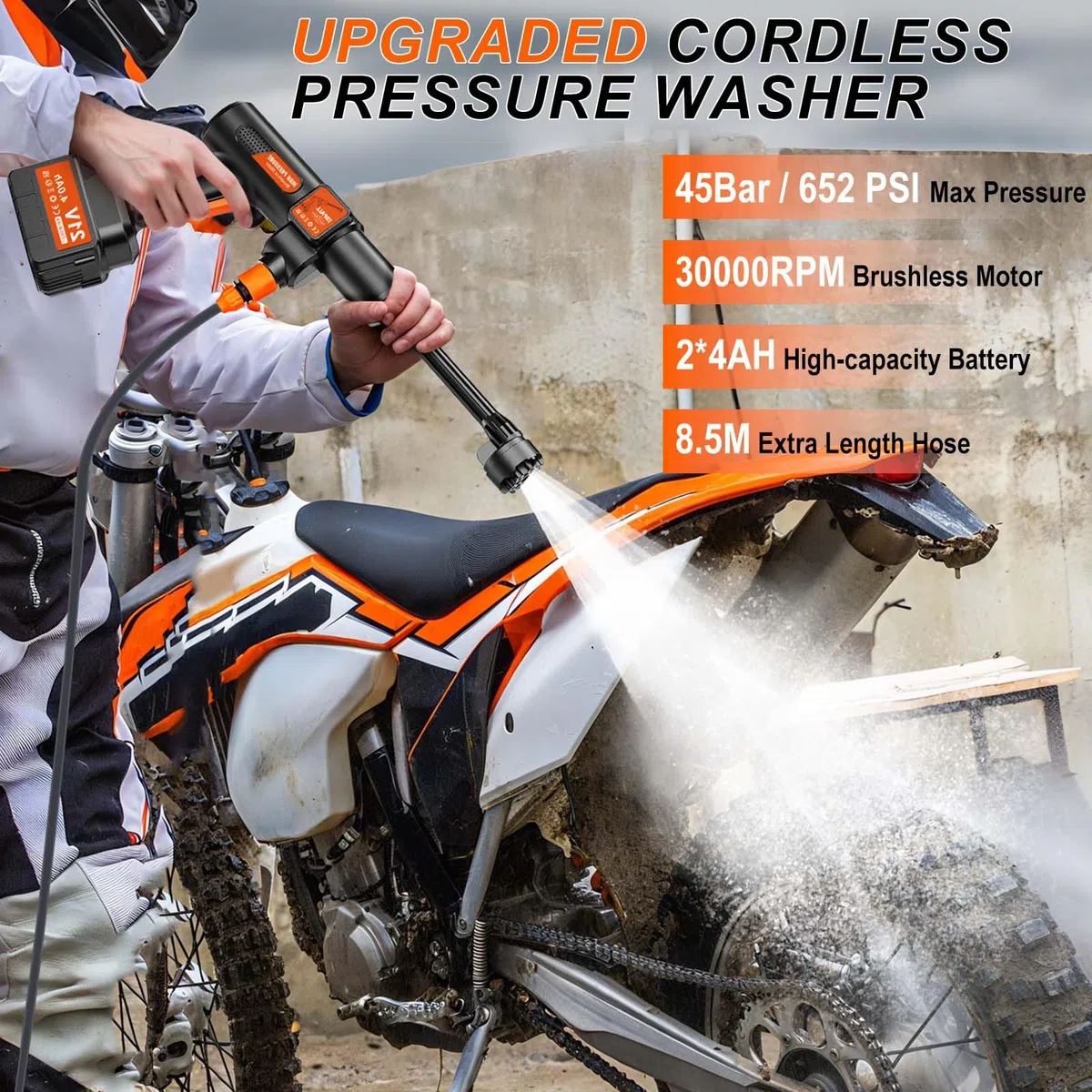 TOPALL Idropulitrice a Batteria,Pistola Idropulitrice Portatile,High Pressure Cleaner,Max da 45 Bar,con 2 * 4000mAH Batterie | Tubo da 8.5M | 6 in 1 Ugello | Rotante Ugello,per Auto,Giardino