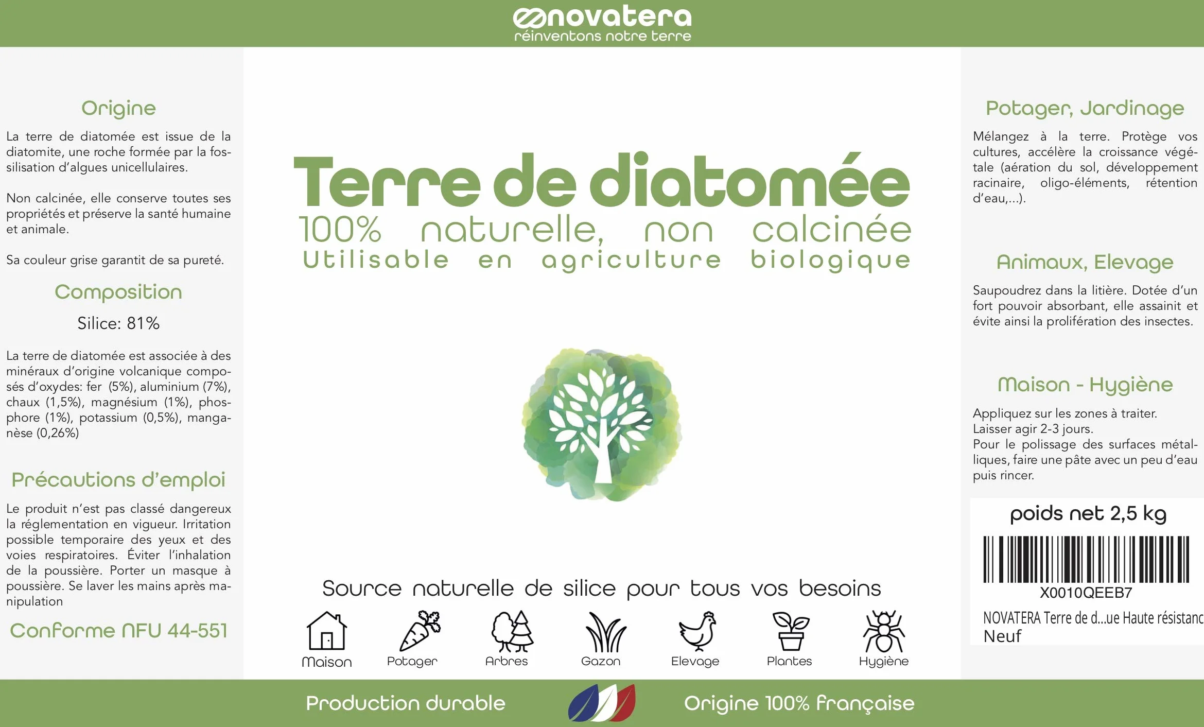 NOVATERA - 100% farina fossile naturale non calcinata, secchio 2,5 kg, estratta e prodotta in Francia, ultrapura, ECOCERT Agricoltura Biologica, protezione ecologica, disponibile da 0,3 a 25 kg