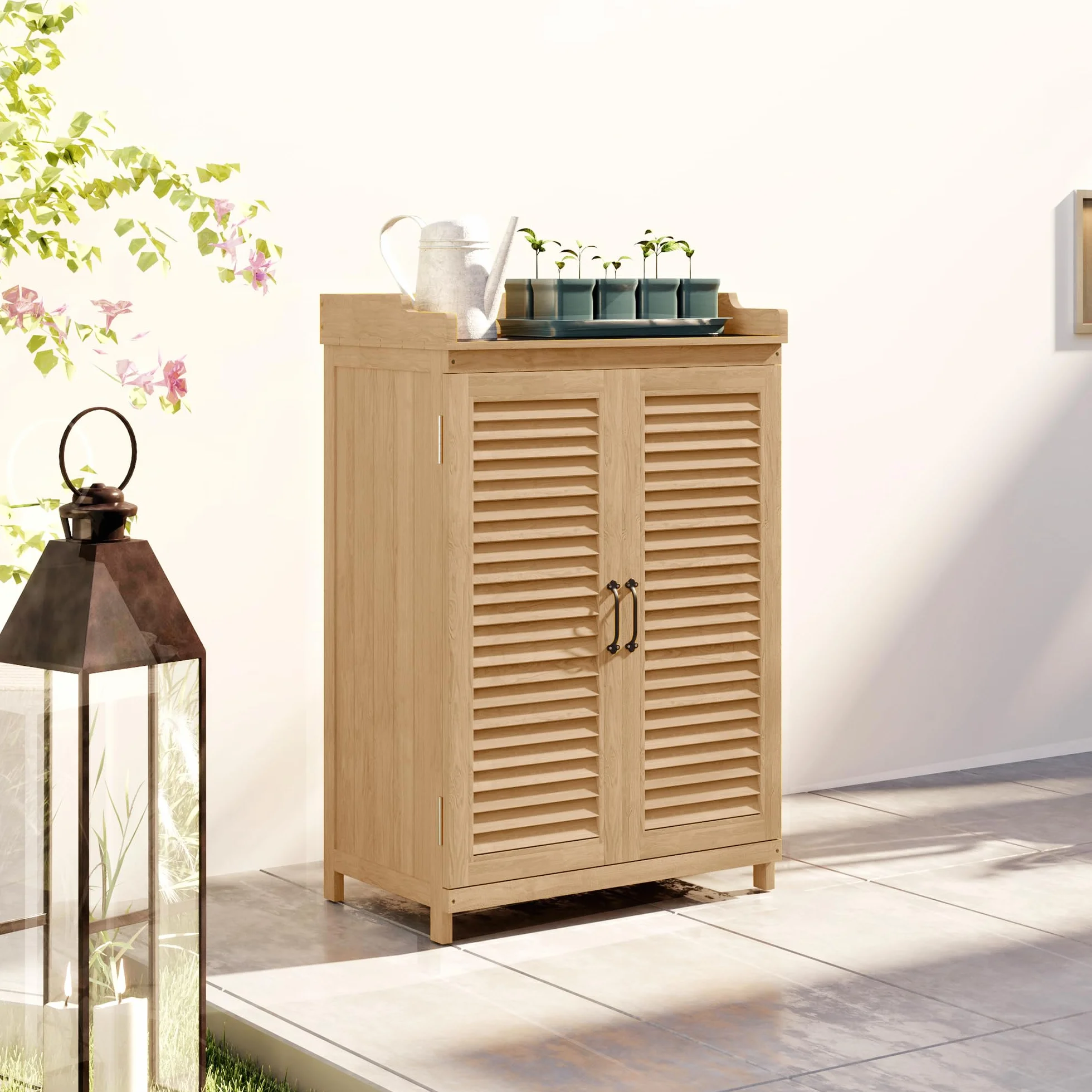Outsunny Armadio da Giardino in Legno di Abete con Piano di Lavoro Zincato, Casetta Attrezzi Giardino con Ripiano Interno e Due Ante a Persiana, per Terrazza Patio, 65.5x40x98.5 cm, Giallo