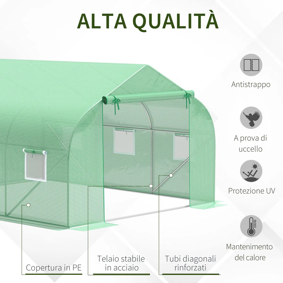 Outsunny Serra da Giardino a Tunnel con Porta Avvolgibile, 6 Finestre e Tetto a Spiovente, Serra per Orto in PE per Piante, 3.5x3x2 m, Verde Scuro