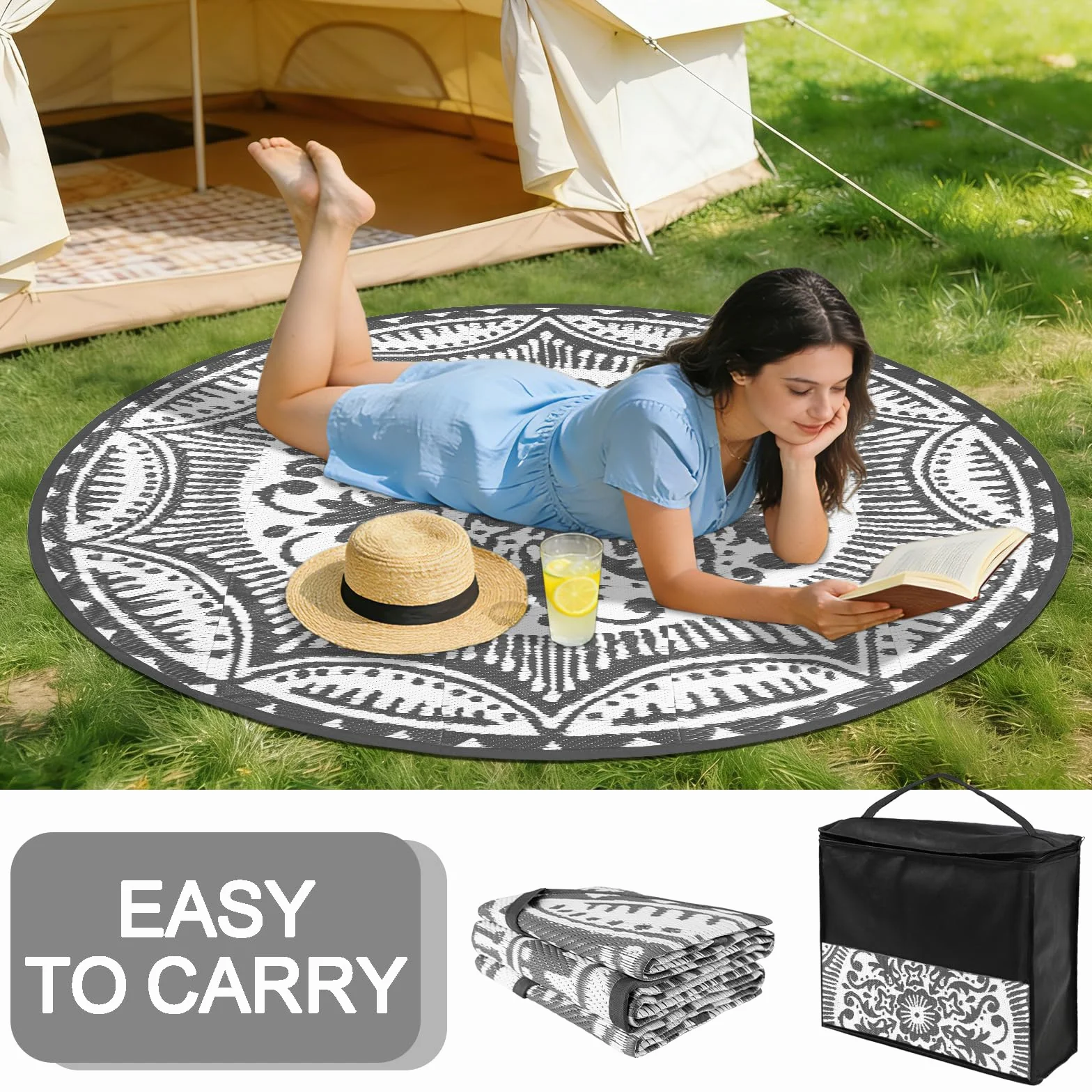 Capslpad Tappeto rotondo per esterni, diametro 150 cm, tappeto da balcone, in plastica, leggero, da picnic, per esterni, per balcone, picnic, campeggio, giardino, grigio