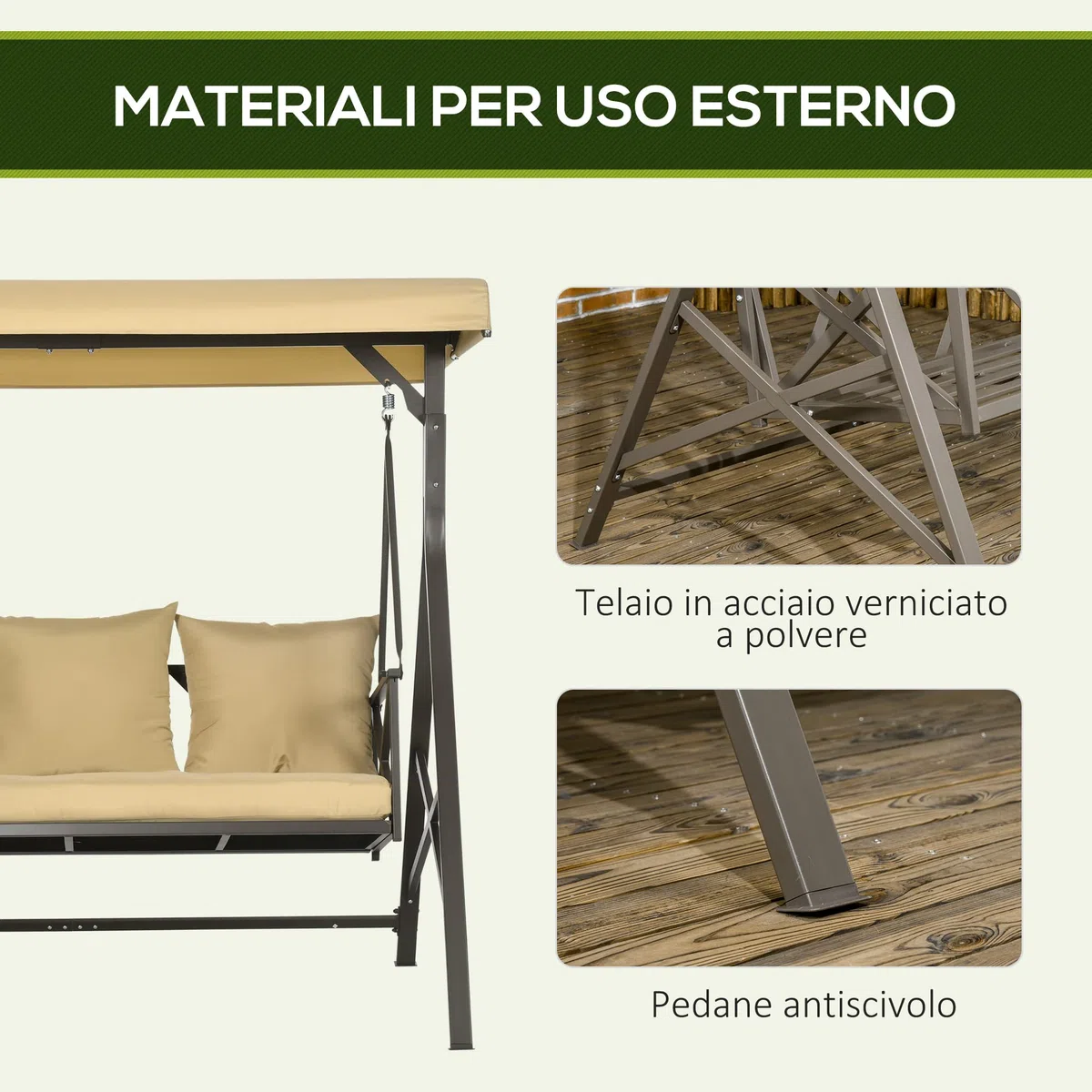 Outsunny Dondolo da Giardino 3 Posti in Acciaio e Poliestere con Tettuccio Inclinabile e Cuscini per Seduta e Schienale, 190x120x178 cm, Marrone e Kaki