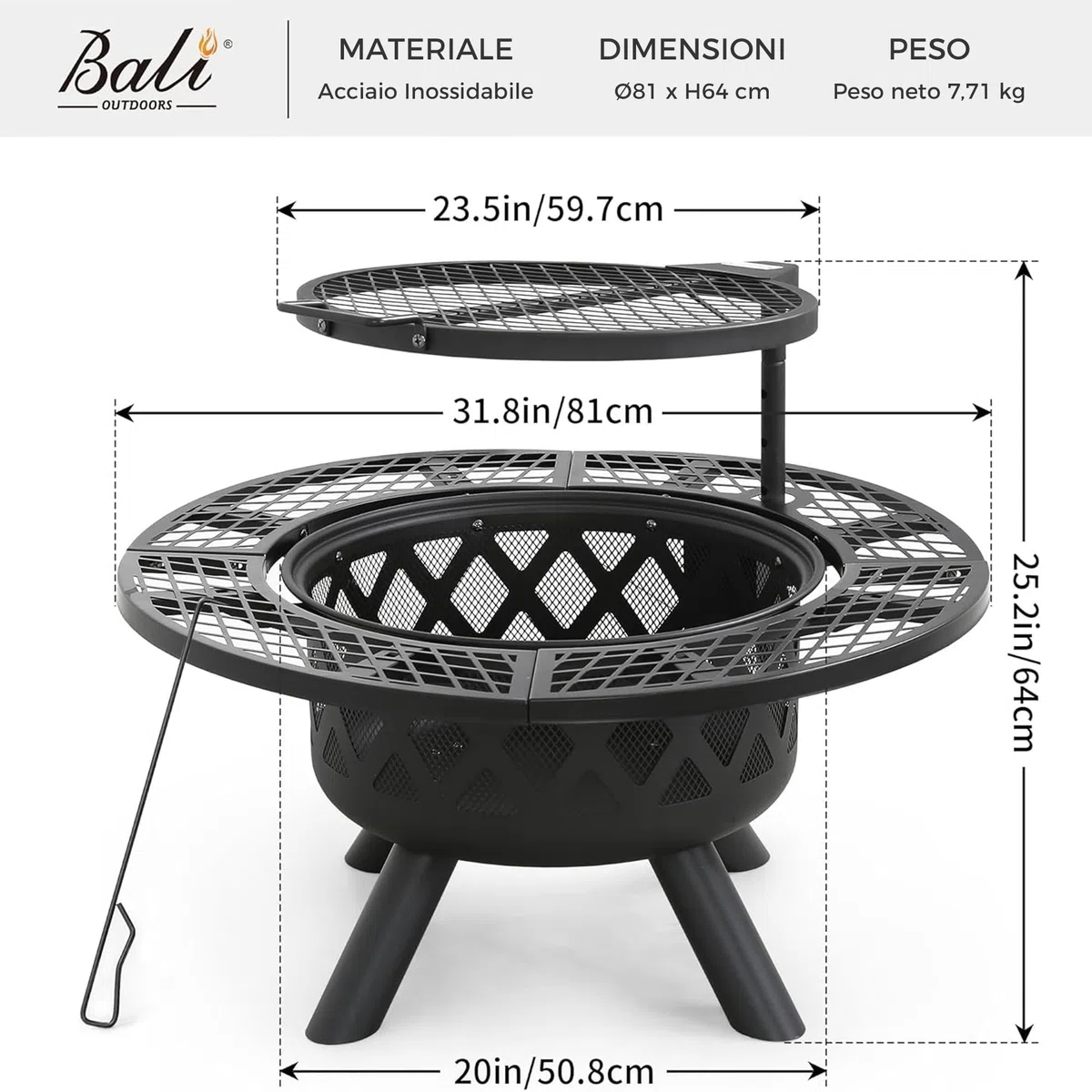 BALI OUTDOORS Braciere con attizzatoio, 81,3 cm, braciere da esterno, braciere a legna per esterni con griglia