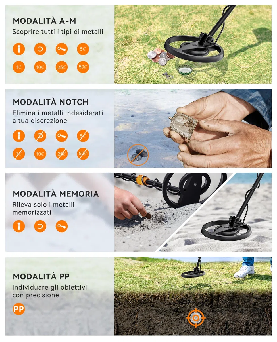 SUNPOW Metal Detector Professionale per Adulti e Bambini Metal Detector Kit Impermeabile per Oro con Display LCD Grande, 4 modalità, Bobina IP68 da 20 cm, Alta Precisione e Stabilità – MD13