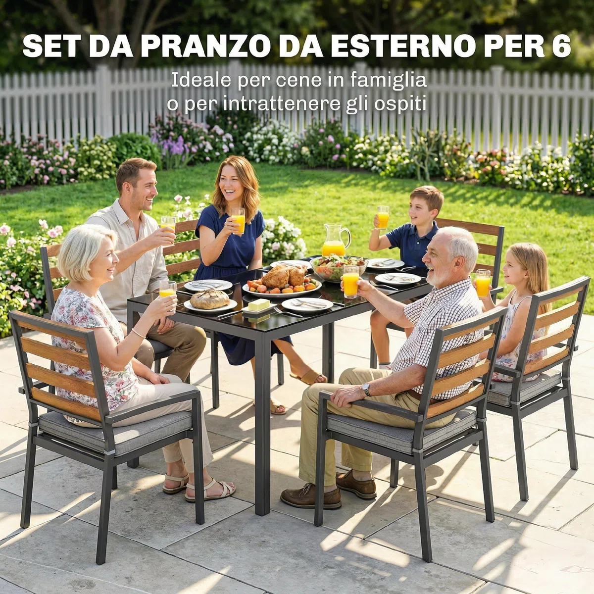 Outsunny Set Tavolo e Sedie da Giardino 7 Pezzi, Set Pranzo Esterno con Tavolo da Giardino Rettangolare in Vetro Temperato, 6 Sedie, Cuscini, Struttura Acciaio Zincato per Terrazza Balcone, Nero