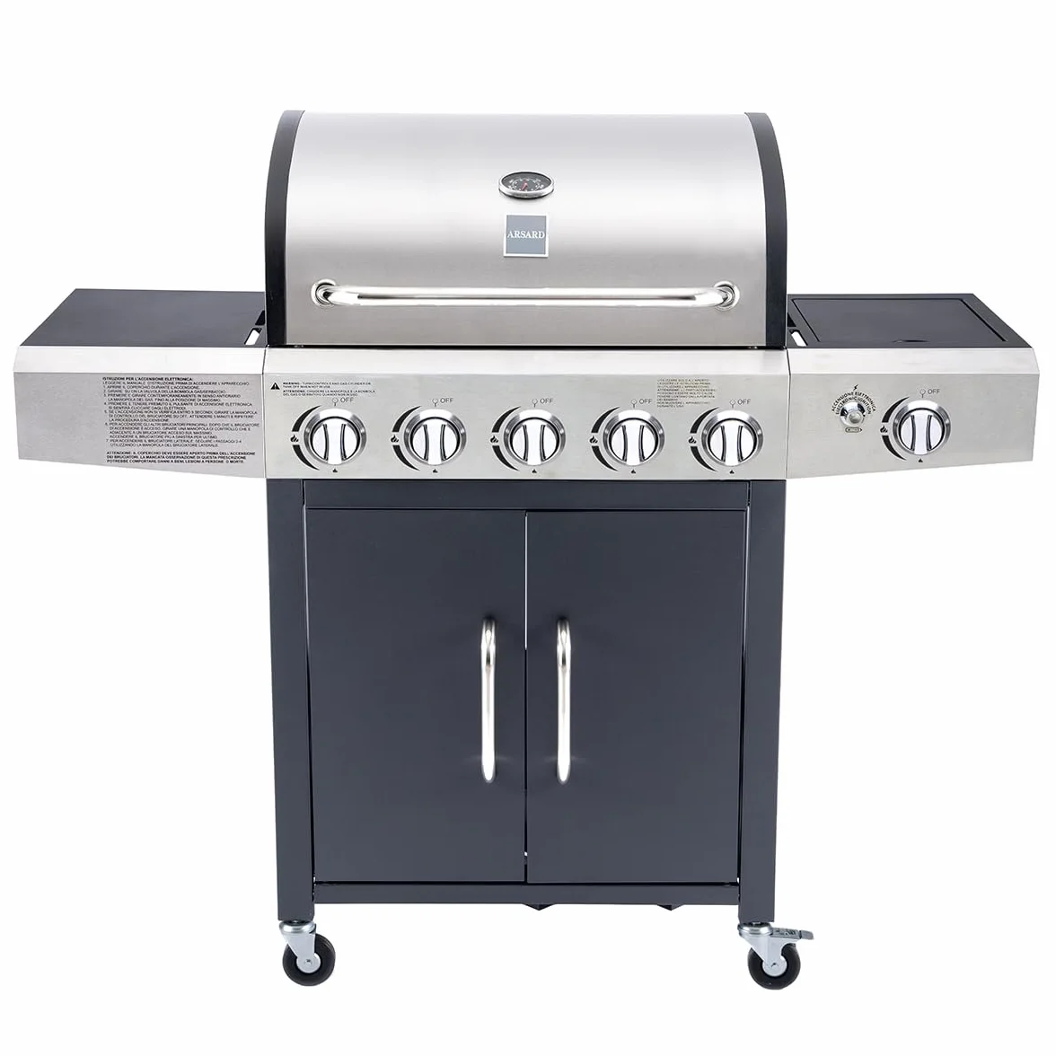 Arsard Barbecue a Gas Professionale XXL Con 6 Fuochi Multifunzione Da 19 KW, Completo Di Bruciatore Laterale, Coperchio, Termometro, Griglia In Ghisa, Ruote, Portabombola E Struttura In Acciaio Inox
