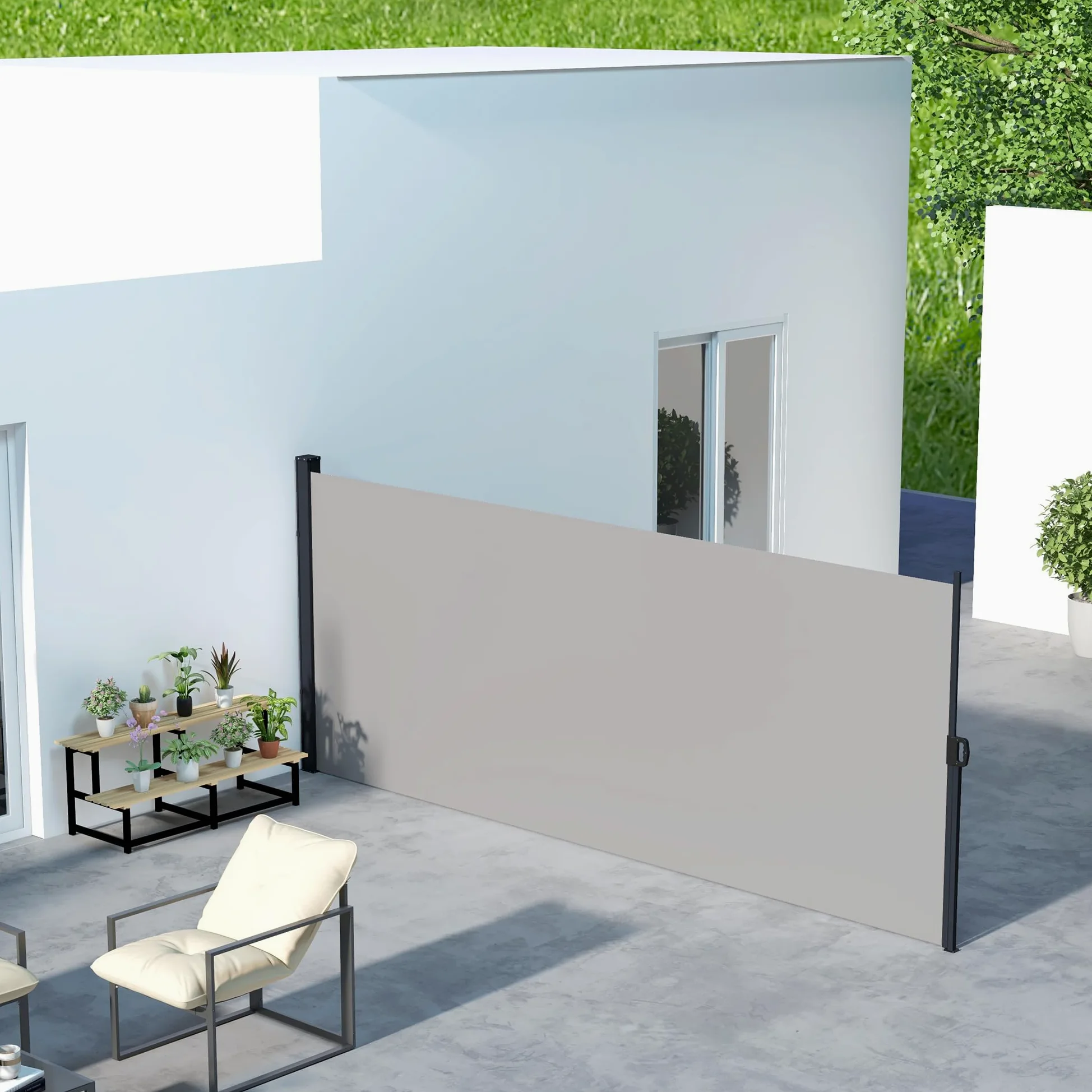 Outsunny Tenda Laterale Retrattile con Maniglia, Frangivista Balcone in Metallo, Alluminio e Poliestere, 180 g/m², UV30+, per Balcone Giardino ed Esterno, 400x180 cm, Grigio Chiaro