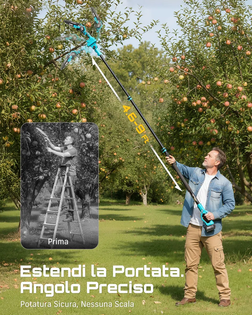 SEESII 2-in-1 Potatore Telescopico a Batteria, 6 Pollici Mini Motosega Brushless con 2 x 4000 mAh Batterie, Portata 4,87 m, Ideale per Esterno e Giardinaggio