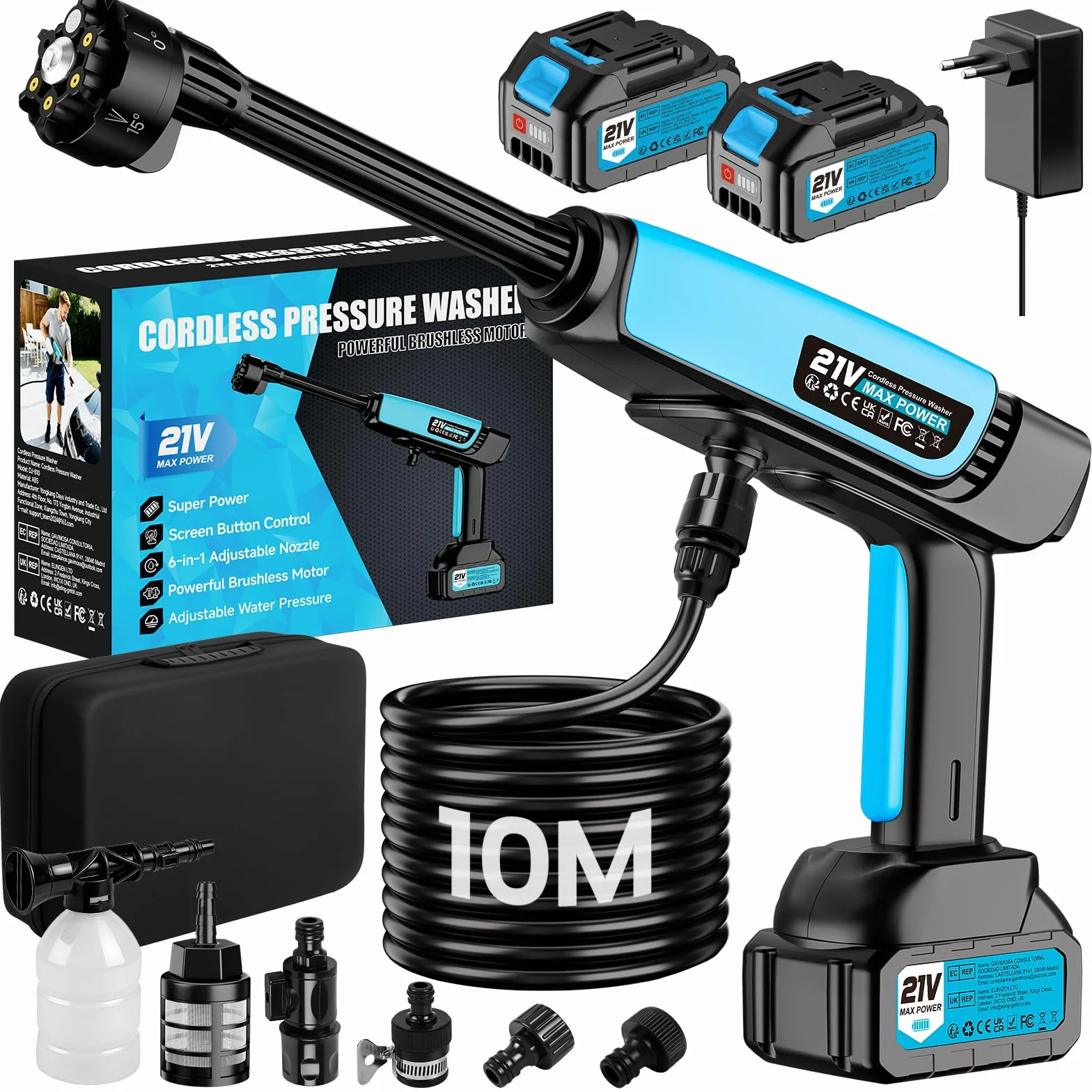Idropulitrice Portatile a Batteria,Idropulitrice a Batteria 21V 80 bar,2x 4000mAh Ricaricabile Ugello 6 in 1 Tubo da 10M,Senza Fili Potente Pulivapor Portatile,Per Giardino Auto e Pulizie Esterne Casa