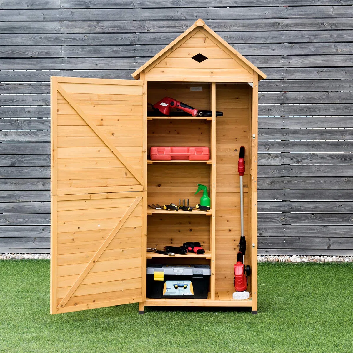 GIANTEX Cassetta Attrezzi 80 x 45 x 177 cm, Armadio da Esterno Portastrumenti a 5 Ripiani Box Casetta Ripostiglio Porta Attrezzi da Giardino in Legno Massello di Abete