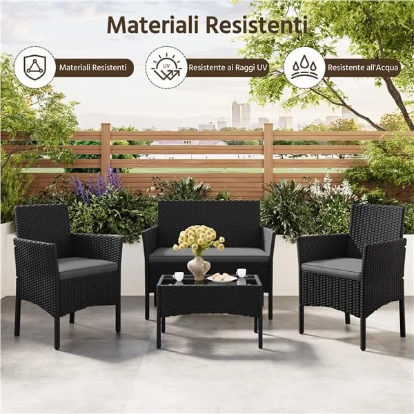 Yaheetech Set da Giardino in Rattan, 4 Posti, con divano a 2 posti, 2 sedie, tavolo e cuscini per seduta resistente alle intemperie, Salotto da Siardino Esterno, per Terrazza Balcone Patio