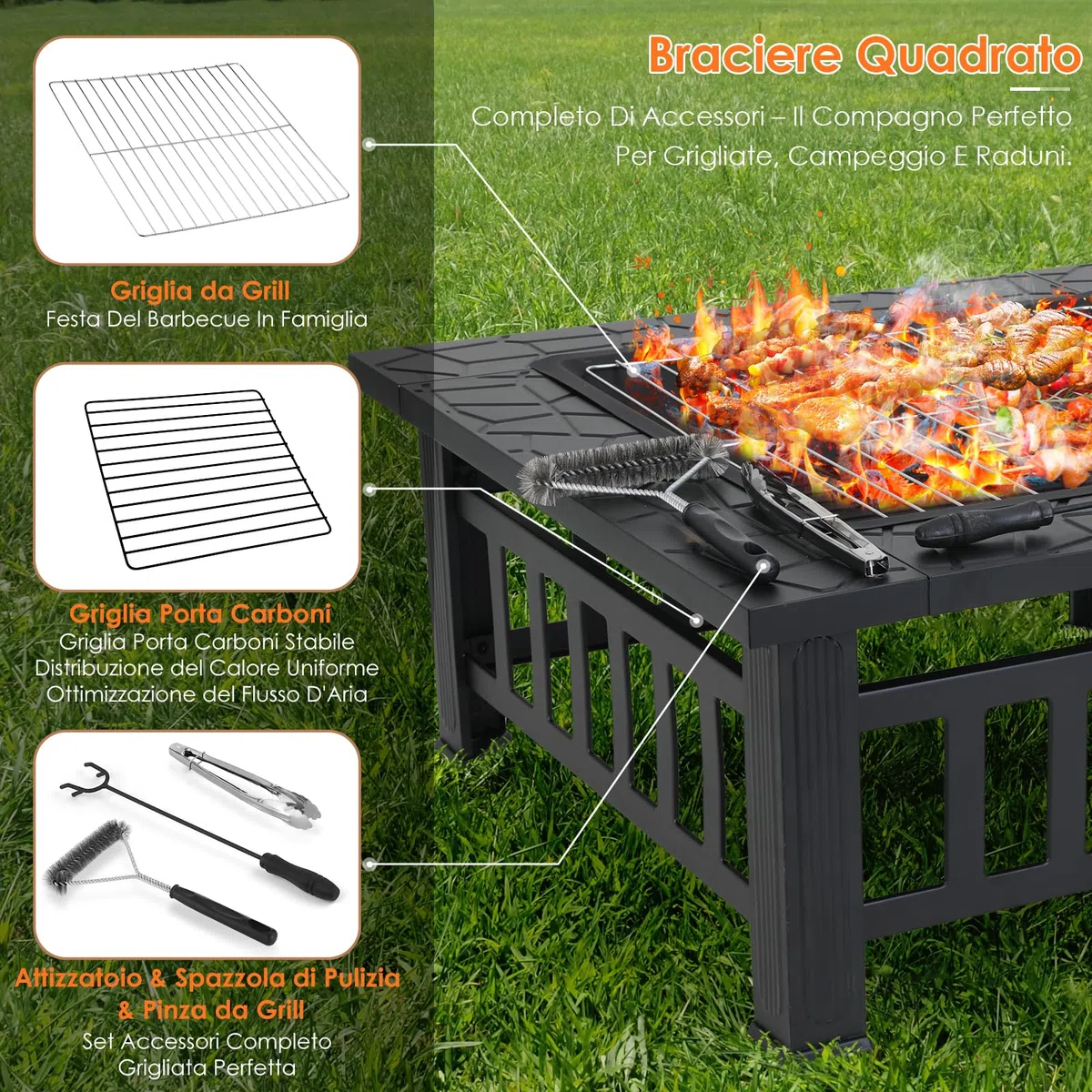 TLSUNNY 3 in 1 Braciere da Giardino, Braciere da Esterno con Griglia e Parascintille, Braciere Quadrato in Metallo, con Copertura Impermeabile e 4 pcs Gamba,per Barbecue,Campeggio e Riscaldamento,81cm
