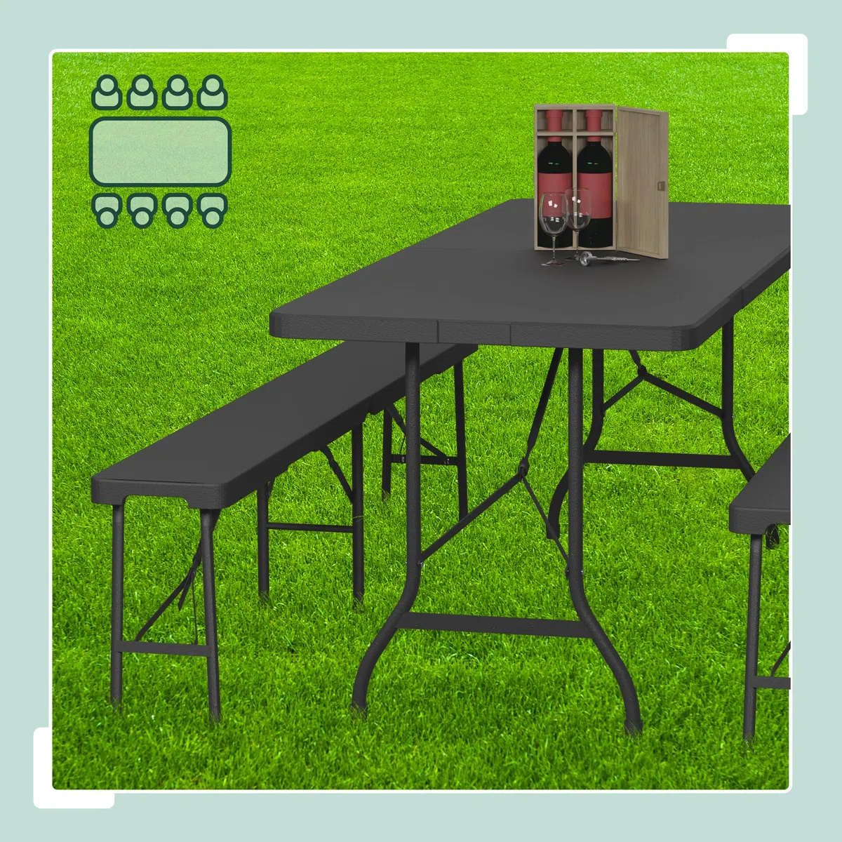 Relaxdays Tavolo da Birreria con Panche, Set da Giardino, Panchine e Tavolino Pieghevoli per Fiere, Lungo 180 cm, Nero