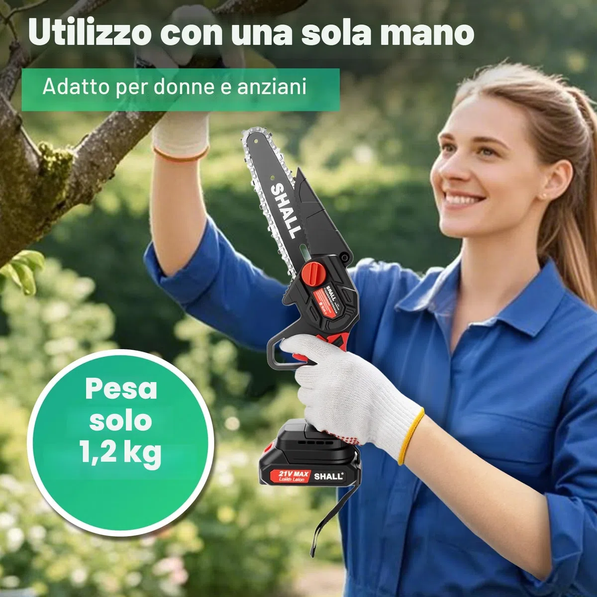 SHALL Mini motosega portatile. Motore senza spazzole.2 batterie a ricarica rapida, 4 catenelle da taglio, Kit mini motosega a batteria da 6"