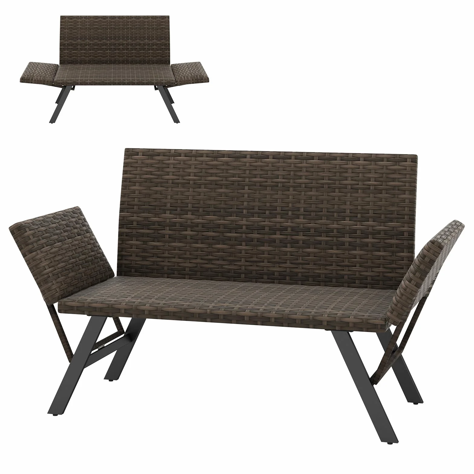GIANTEX Divano da giardino in rattan a 2 posti, panca convertibile da esterno con braccioli regolabili, design intrecciato, lunghezza 163-178 cm, carico 300 kg, lettino da giardino per terrazza