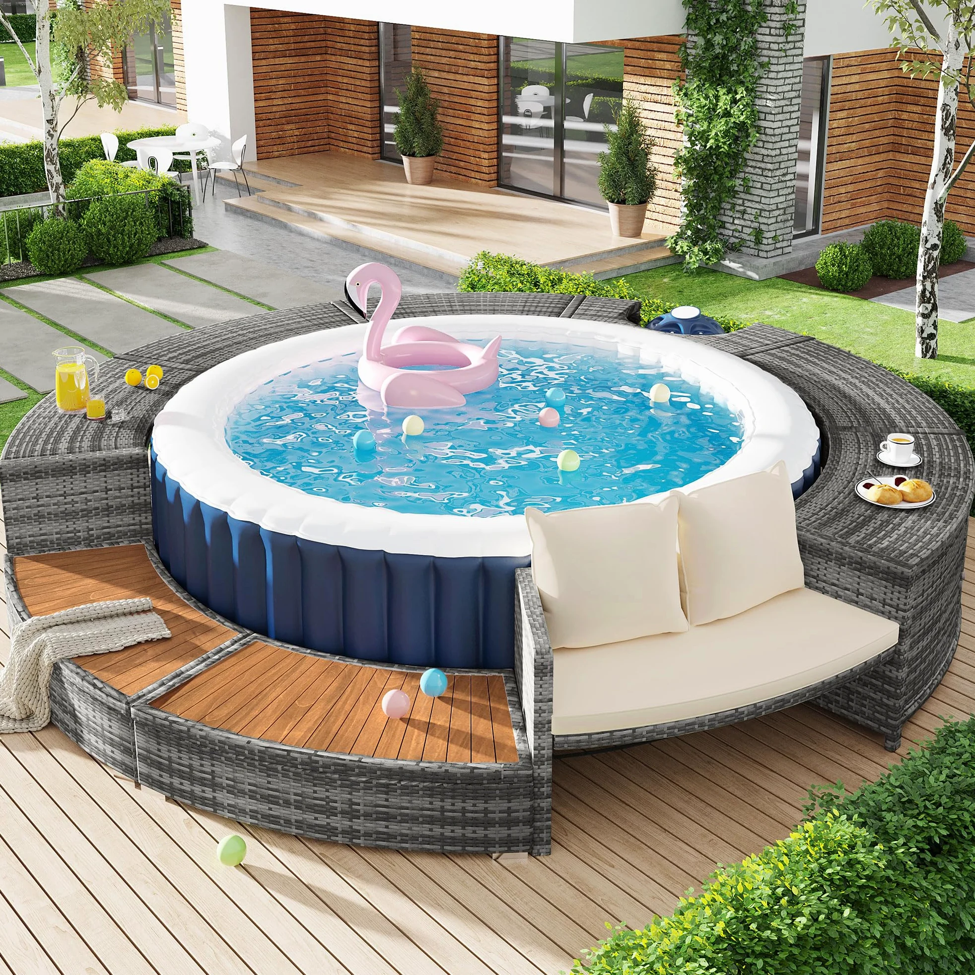 Idemon Set lounge da giardino con divano rotondo, set di mobili da giardino, lounge per vasca idromassaggio e piscina, con piedini regolabili, cuscino incluso, mobili per terrazza, giardino o piscina