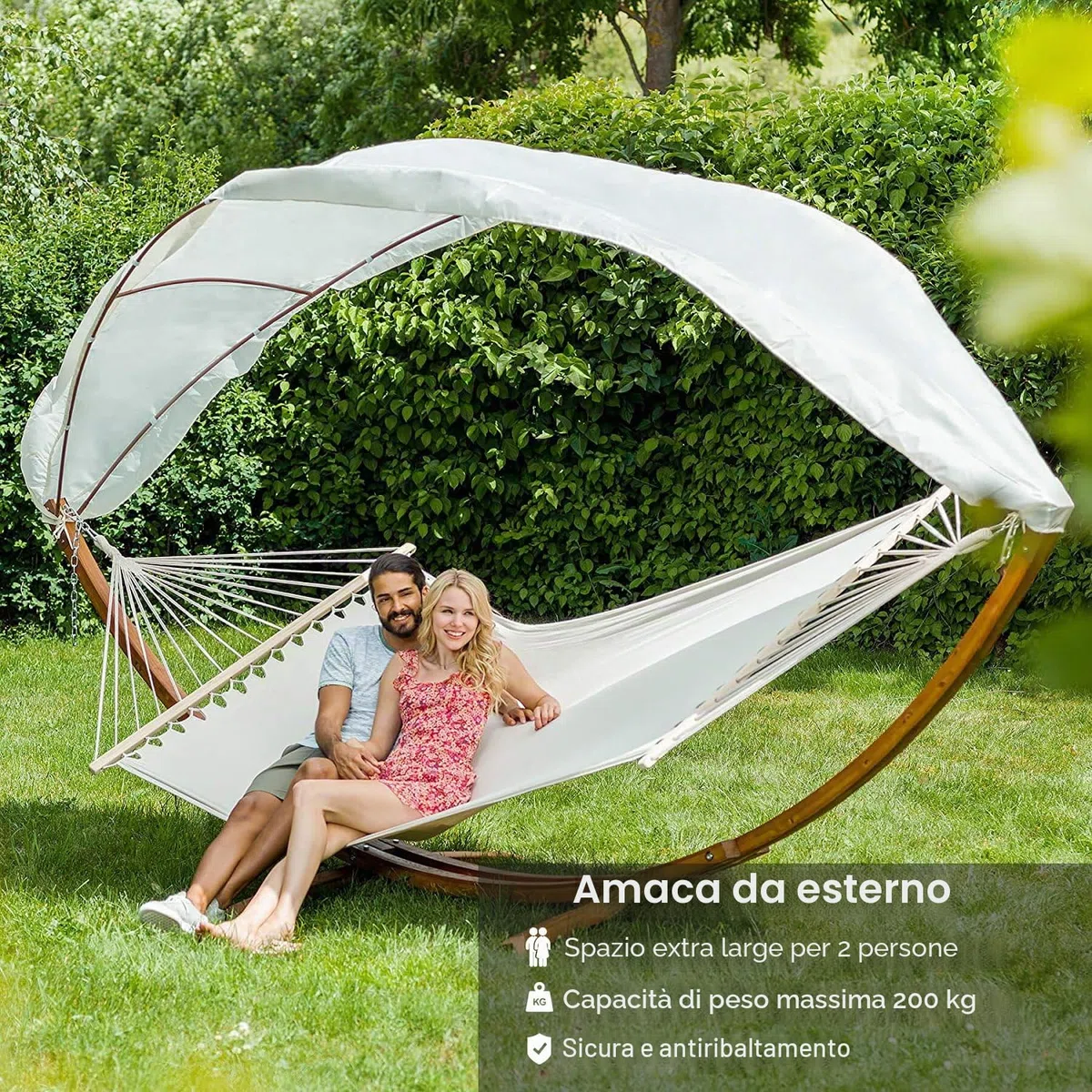 Amaca da giardino con supporto in legno, amaca matrimoniale 2 posti con parasole, fino a 200 kg, resistente alle intemperie, per balcone, terrazza e giardino