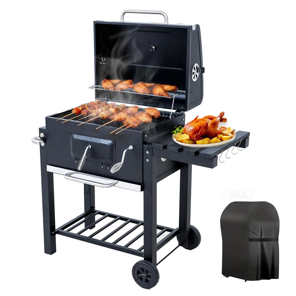 Barbecue a Carbonella, Barbecue con Coperchio, Superficie Cottura: 56×42,5 cm, Vassoio Carbone Regolabile in Altezza, Tavolino Laterale Pieghevole, Con Copertura Barbecue da Esterno