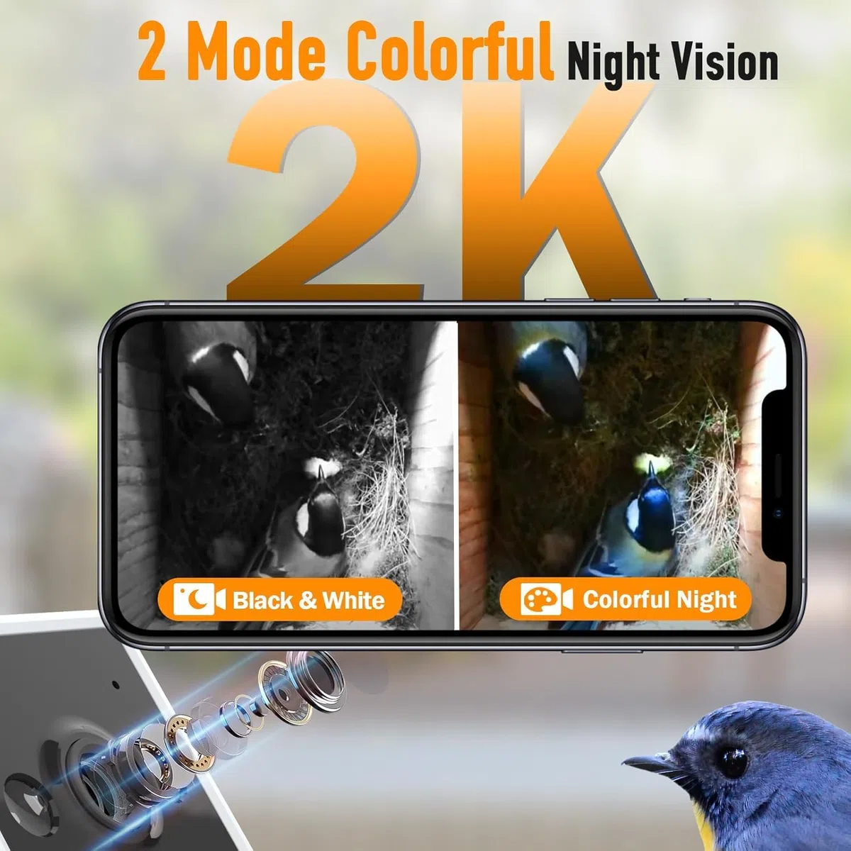 Casetta Uccelli con Telecamera HD 4MP, Nidi Uccellini da Esterno, Resistente Alle Intemperie, 2,4G WiFi e Notifica App, Osservare Nidificazione e Allevamento, Registrazione Video Automatica, A